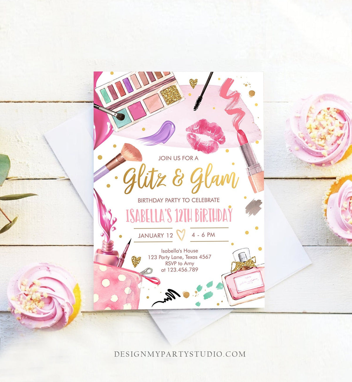 Editable Glitz and Glam Birthday Party Invitation Spa Party Makeup Birthday Invitation Pink Gold Girl Download Printable Template Corjl 0420