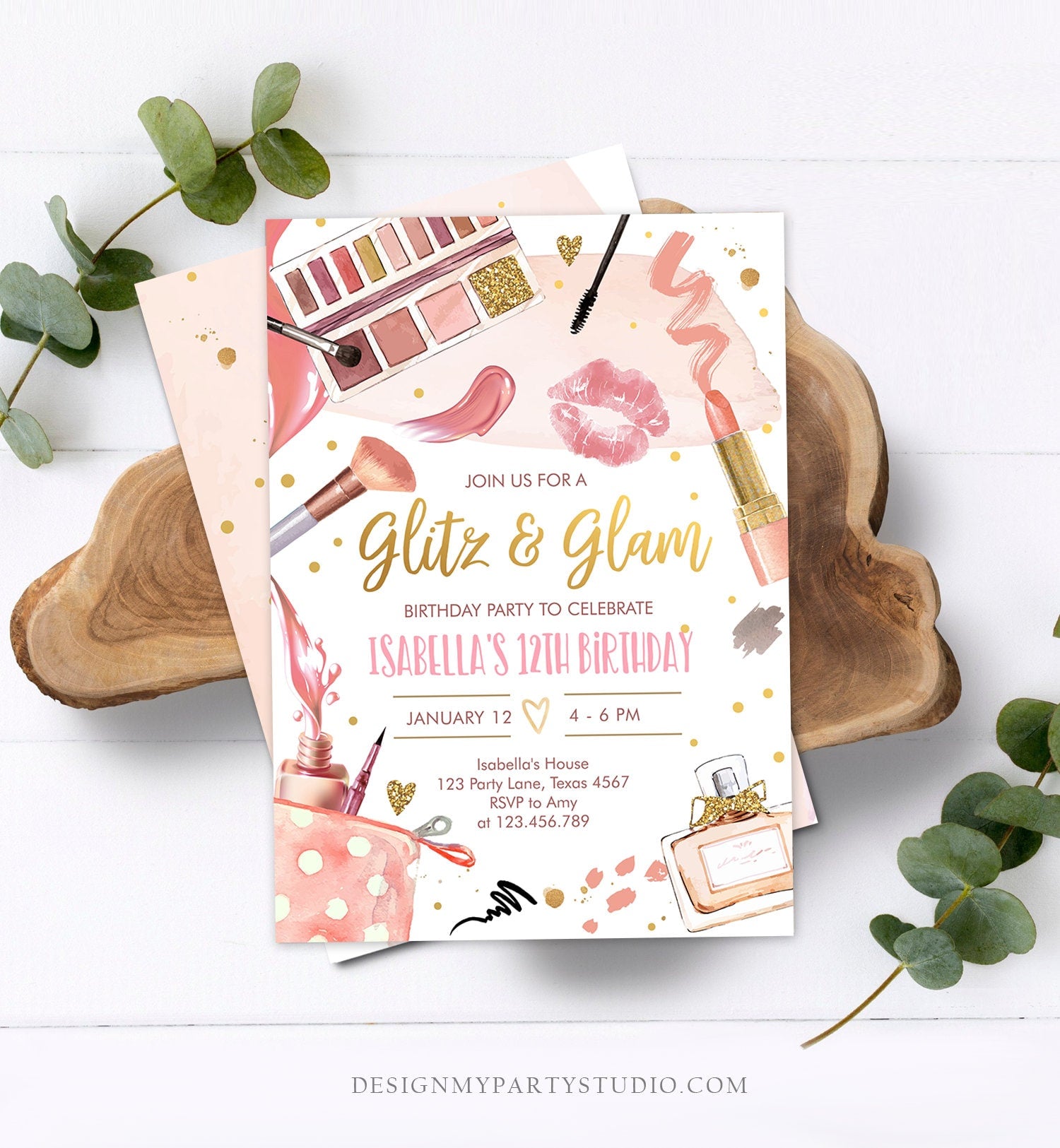 Editable Glitz and Glam Birthday Party Invitation Spa Party Makeup Birthday Invitation Pink Gold Girl Download Printable Template Corjl 0420