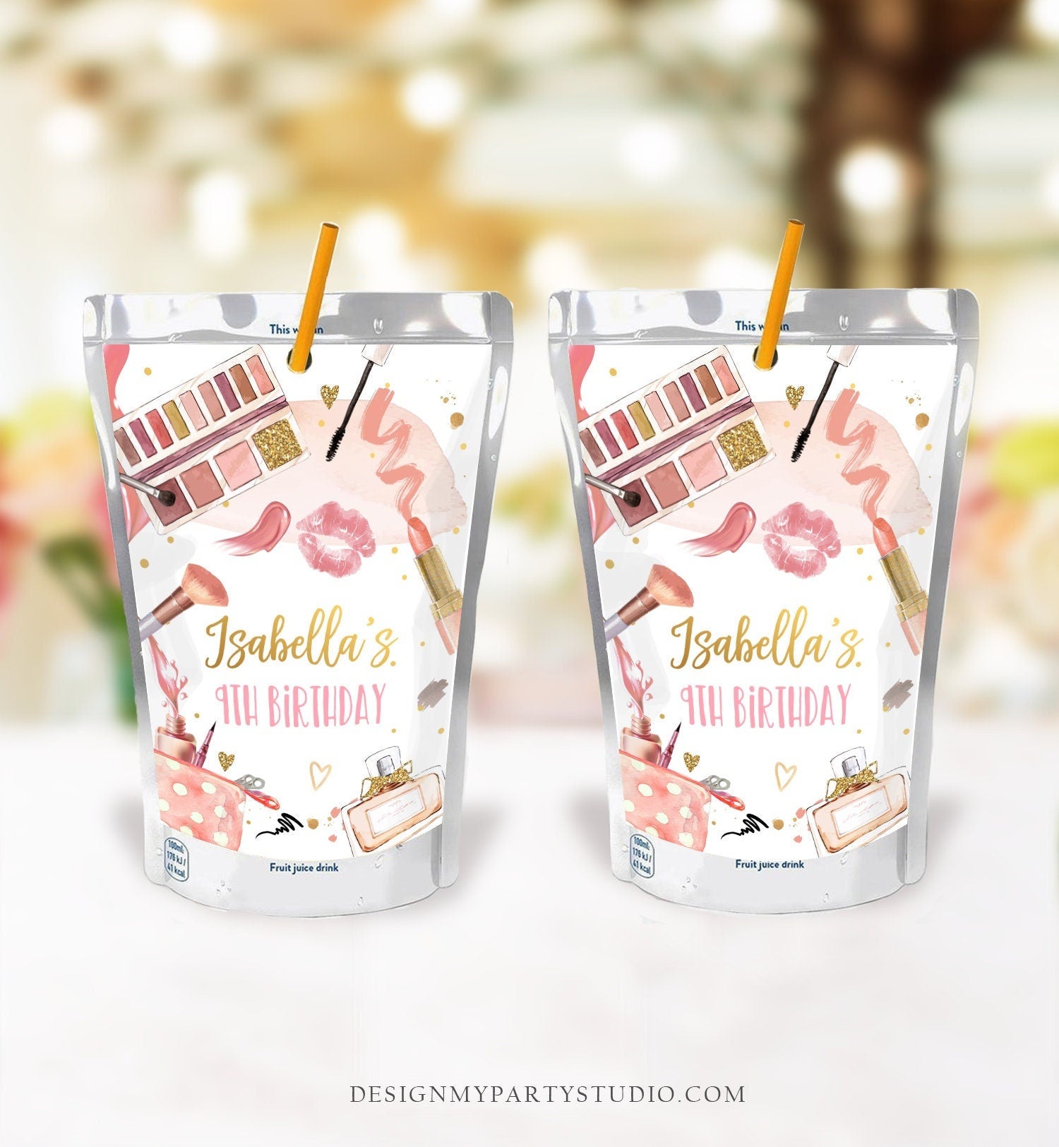 Editable Spa Party Juice Pouch Label Juice Favors Glam Party Glamour Birthday Pamper Party Pink Digital Download Template Printable 0420