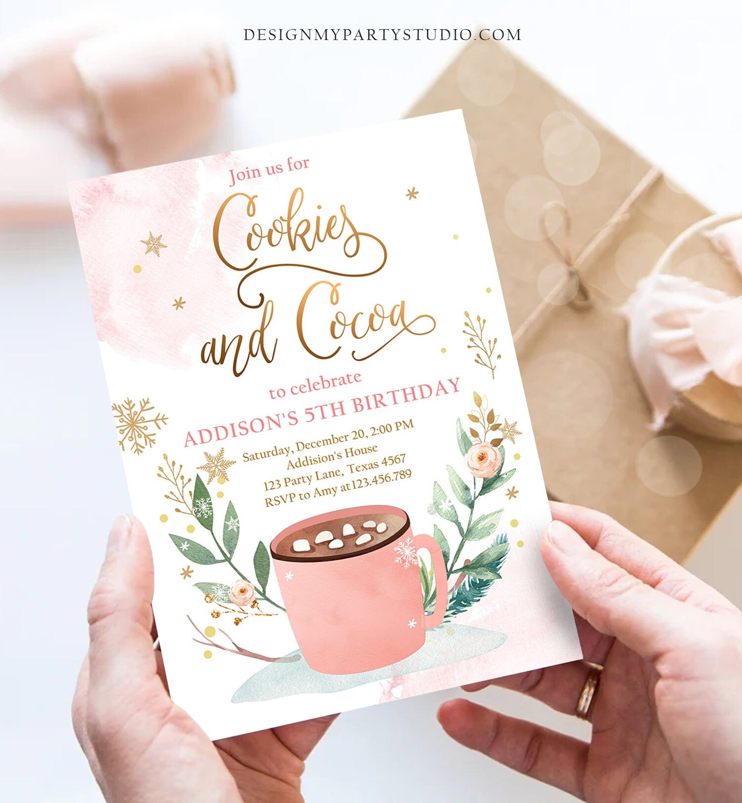 Editable Cookies and Cocoa Invitation Hot Cocoa Party Hot Chocolate Winter Birthday Girl Pink Gold Download Printable Template Corjl 0353