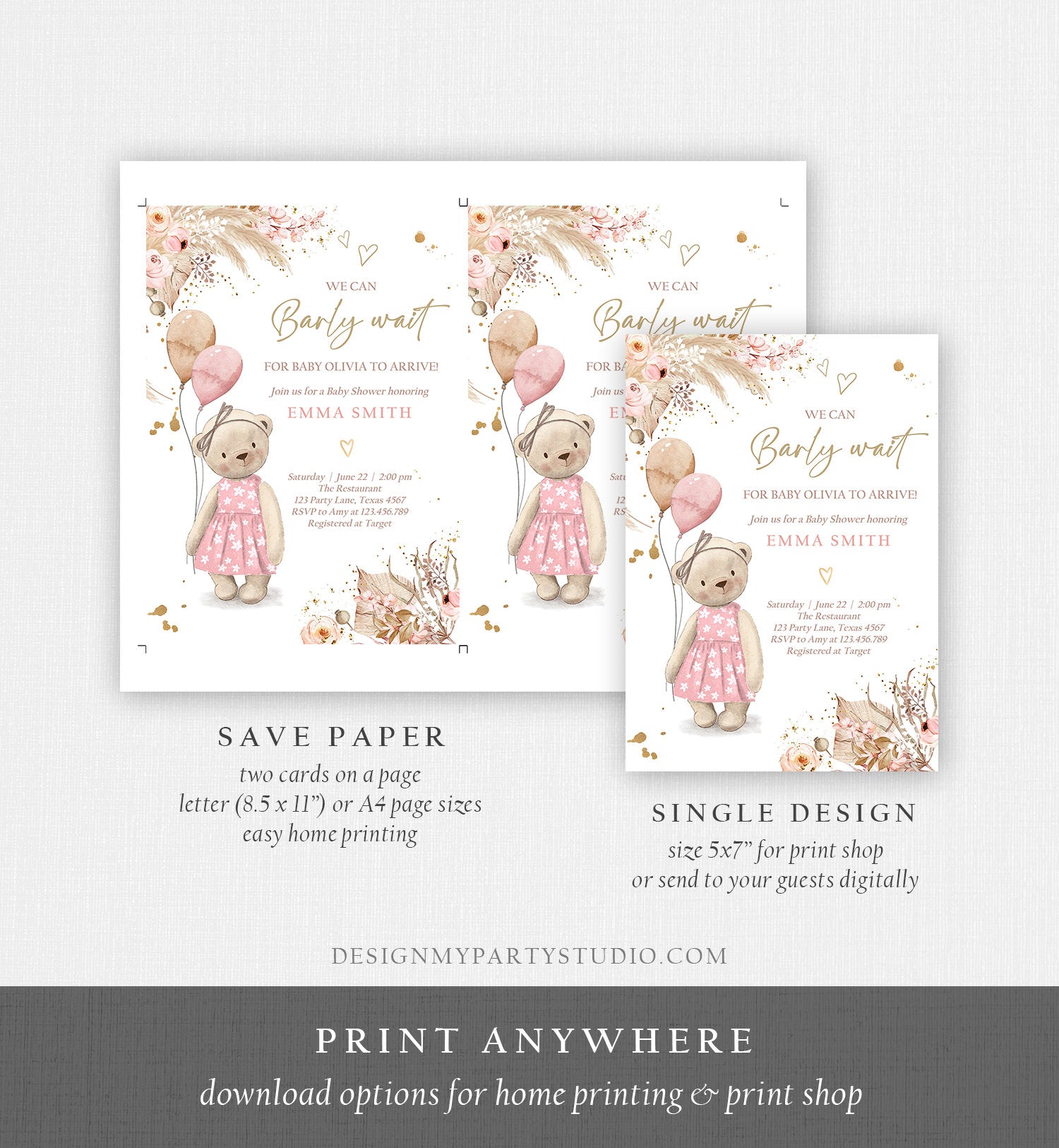 Editable Boho Bear Baby Shower Invitation Girl We can Bearly Wait Pampas Grass Teddy Bear Printable Template Instant Download Evite 0421