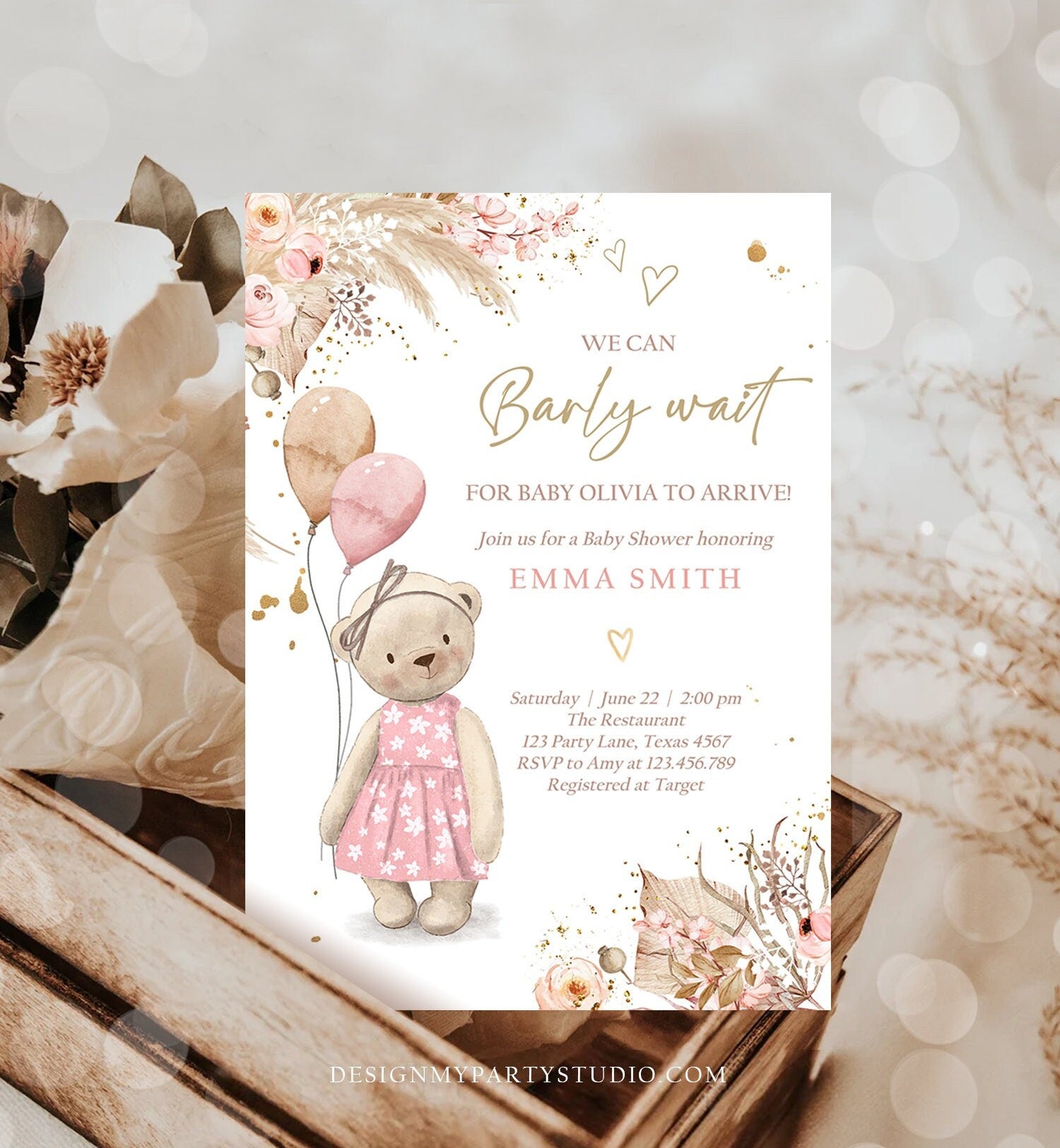 Editable Boho Bear Baby Shower Invitation Girl We can Bearly Wait Pampas Grass Teddy Bear Printable Template Instant Download Evite 0421