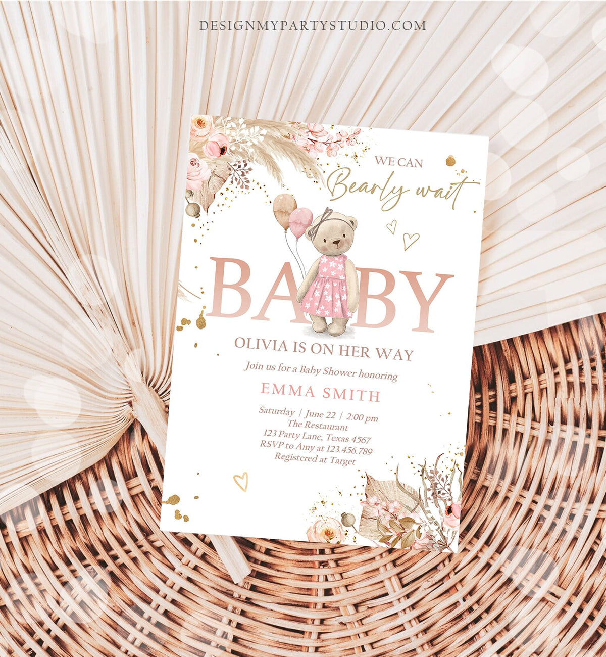 Editable Boho Bear Baby Shower Invitation Girl We can Bearly Wait Pampas Grass Teddy Bear Evite Template Digital Download Printable 0421