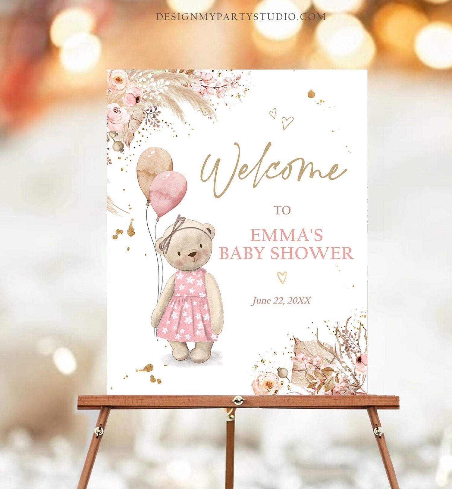 Editable Boho Teddy Bear Welcome Sign Bear Baby Shower Girl Bearly Wait Baby Shower Pampas Grass Bohemian Corjl Template Printable 0421