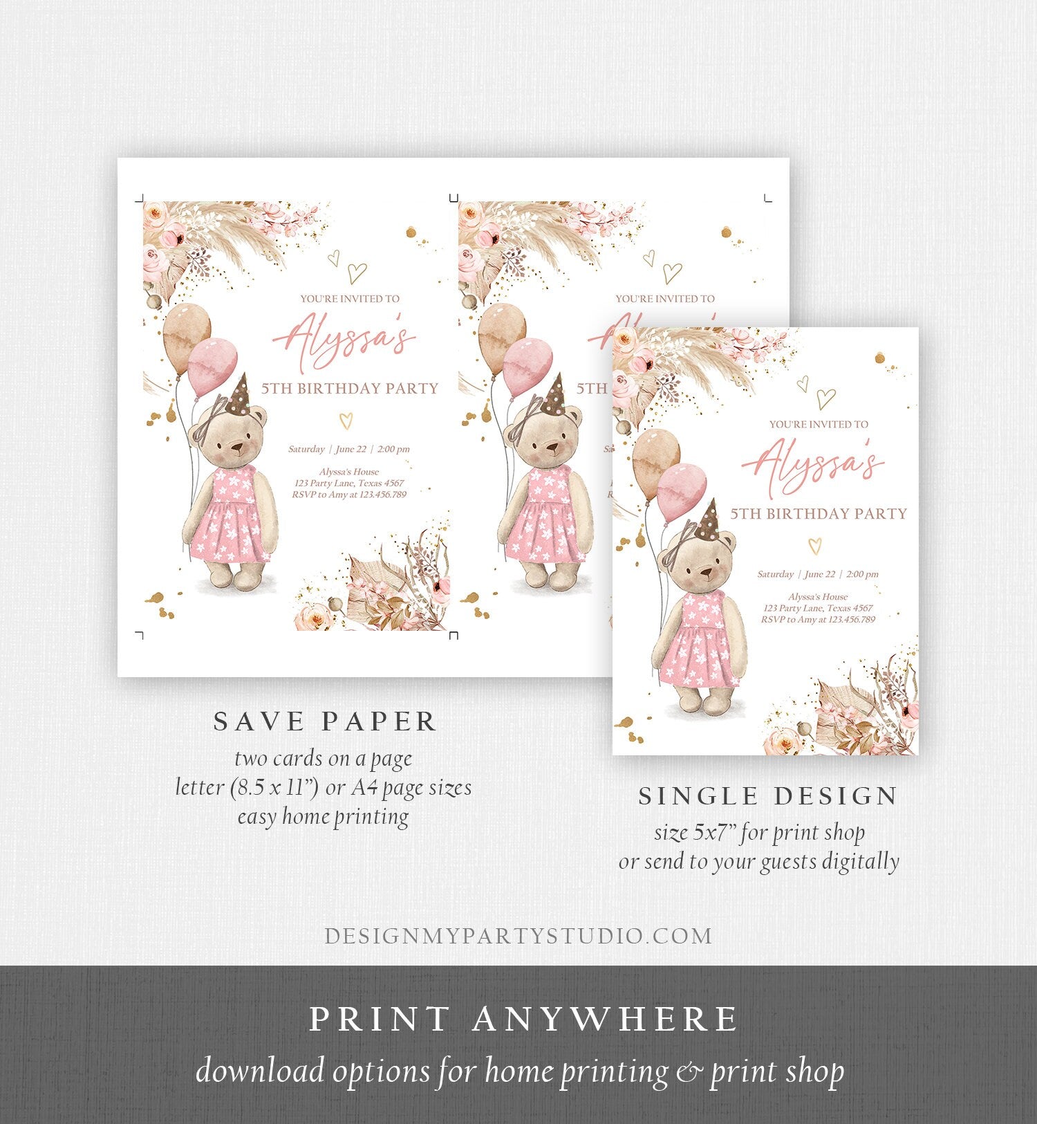 Editable Cute Teddy Bear Birthday Invitation Girl Boho Teddy Bear Picnic Summer Pampas Grass Pink Printable Digital Corjl Template 0421