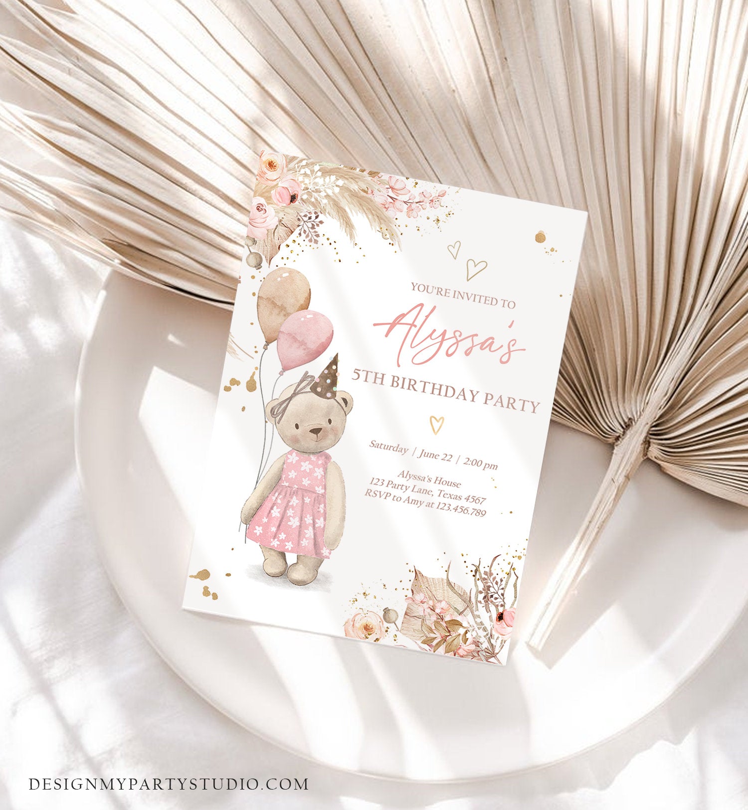 Editable Cute Teddy Bear Birthday Invitation Girl Boho Teddy Bear Picnic Summer Pampas Grass Pink Printable Digital Corjl Template 0421