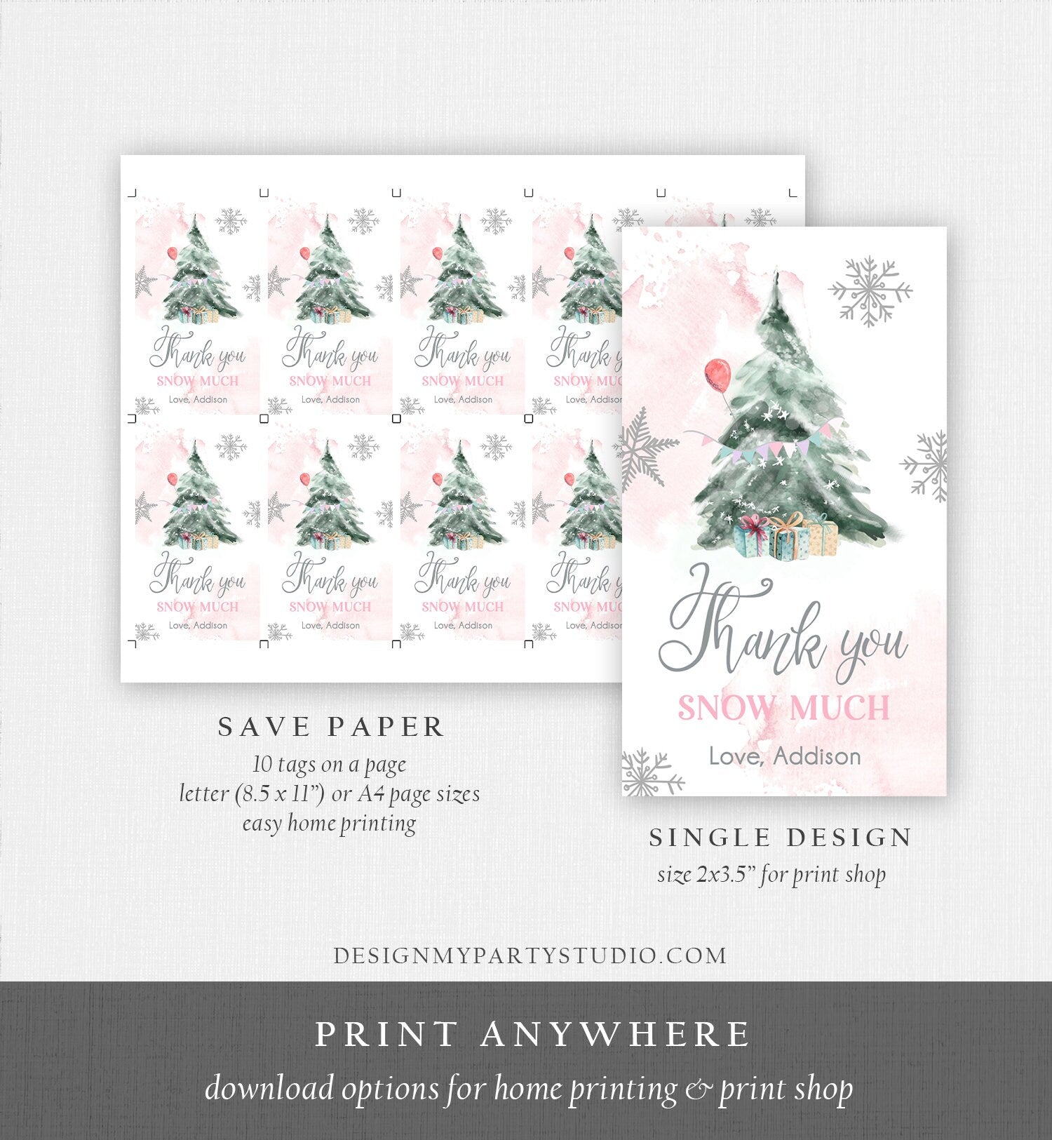 Editable Winter Tree Thank You Tag Winter Onederland Pink Girl Christmas Thank You Snow Much Baby Shower Birthday Gift Corjl Printable 0363