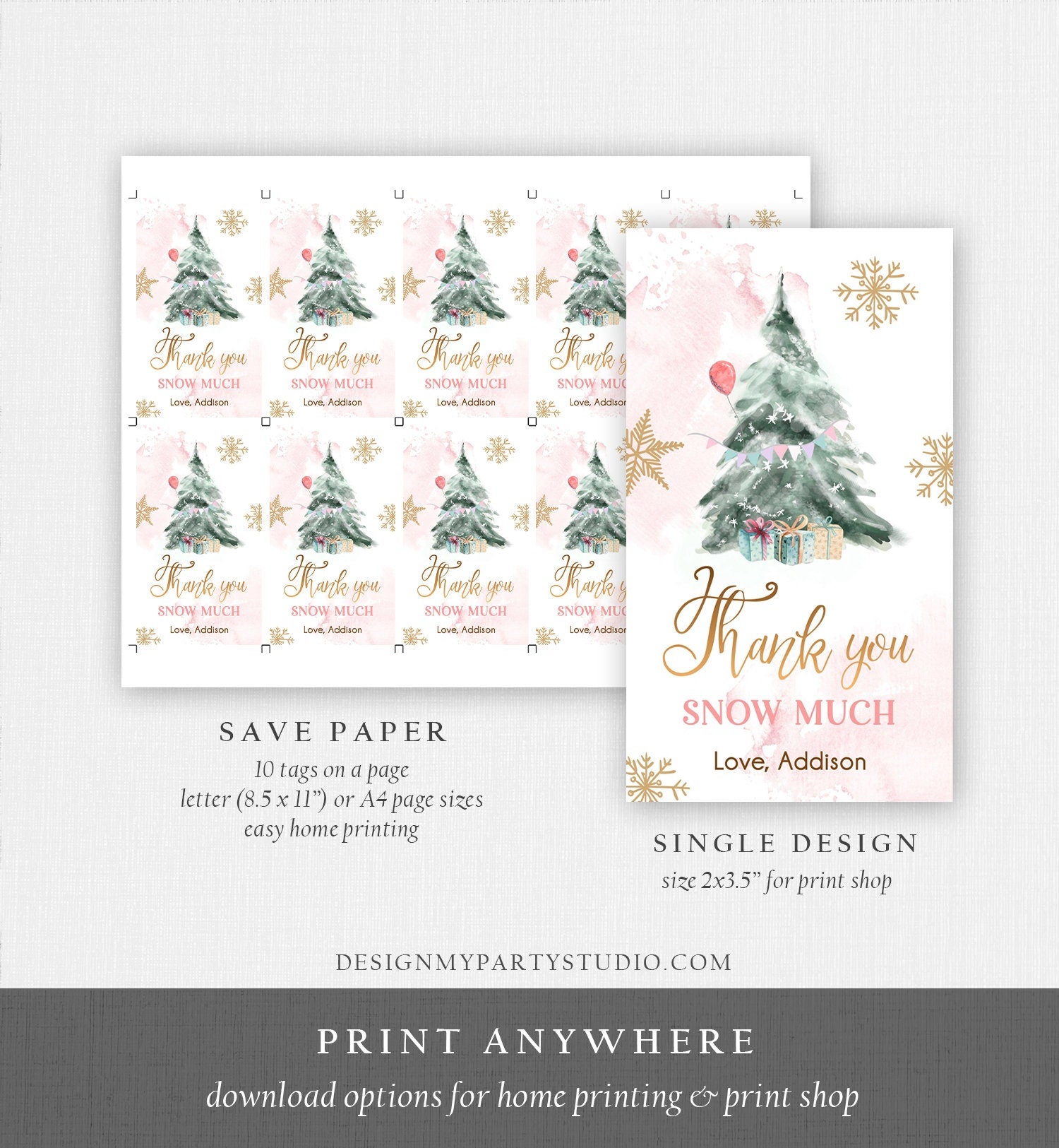 Editable Winter Tree Thank You Tag Winter Onederland Pink Girl Christmas Thank You Snow Much Baby Shower Birthday Gift Corjl Printable 0363