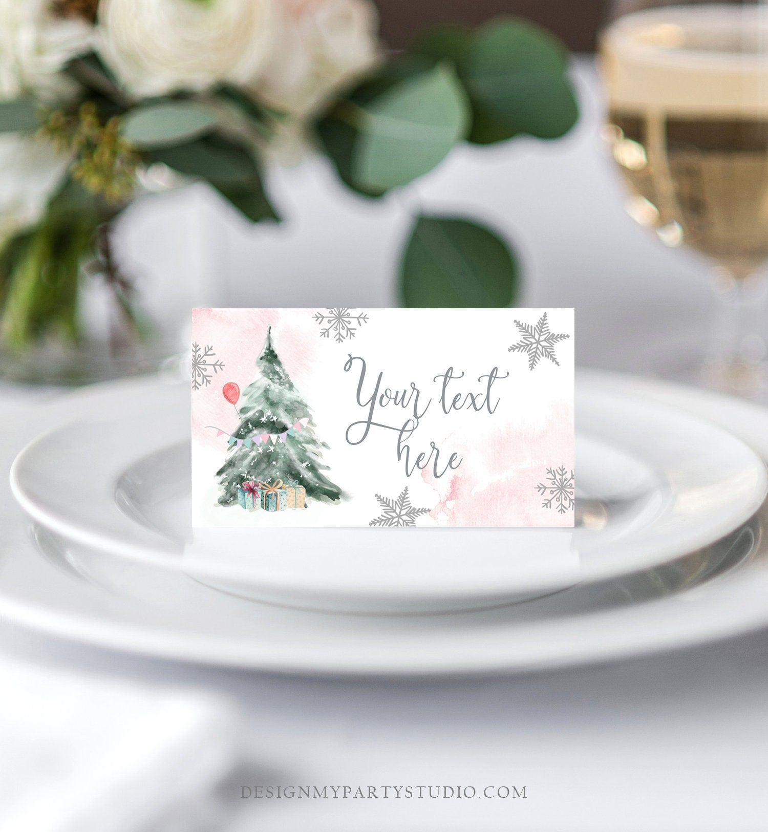 Editable Winter Onederland Birthday Food Tent Cards Winter Tree Labels Girl Christmas Party Place Cards Snow Printable Template Corjl 0363