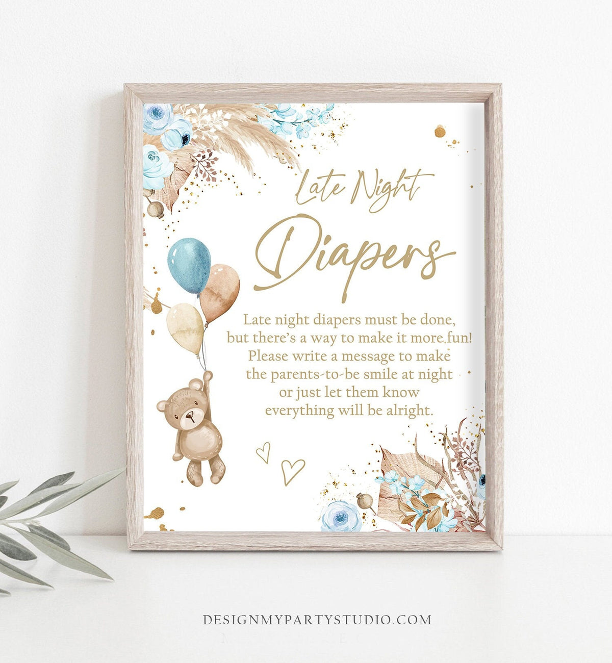 Late Night Diapers Sign Boho Teddy Bear Baby Shower Sign Boho Baby Shower Game Diaper Thoughts Pampas Grass Decor Boy Blue Printable 0421