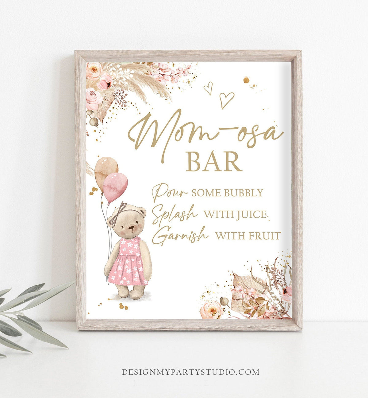 Momosa Bar Sign Boho Teddy Bear Baby Shower Sign Boho Baby Shower Mom-osa Bar Mimosa Drinks Pampas Grass Decor Girl Pink Printable 0421