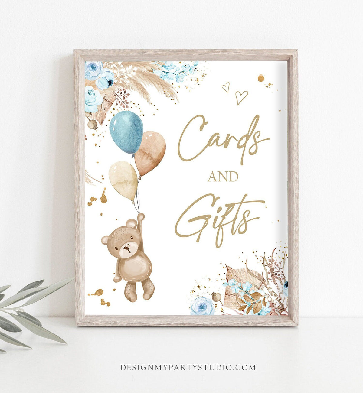 Cards and Gifts Sign Boho Teddy Bear Baby Shower Sign Boho Baby Shower Table Sign Gift Table Pampas Grass Decor Boy Blue PRINTABLE 0421