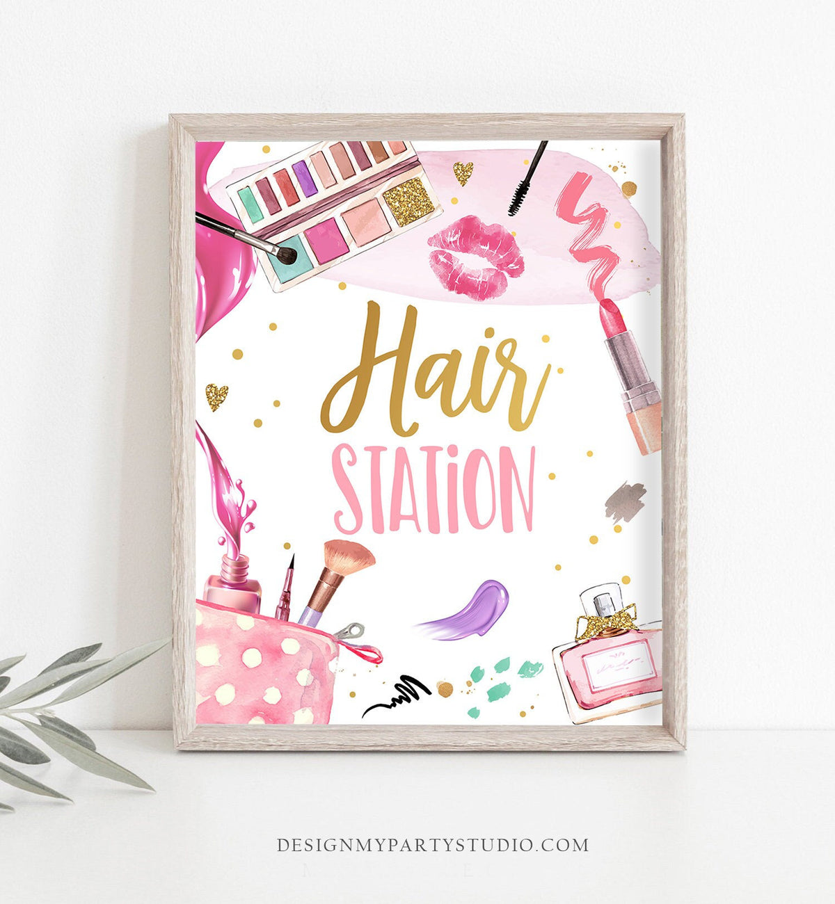 Hair Station Sign Spa Party Sign Spa Birthday Sign Makeup Party Sign Girl Glitters and Glamour Decor Table Decor Download Printable 0420