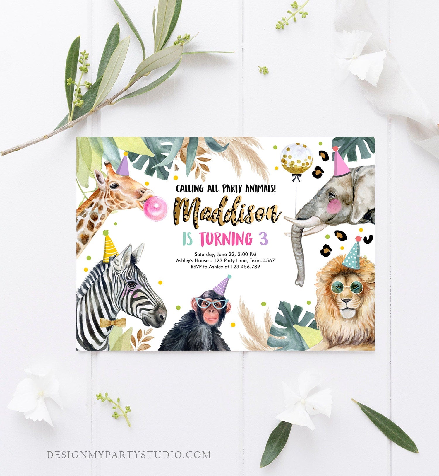 Editable Party Animals Birthday Invitation Leopard Print Safari Animals Zoo Birthday Party Girl Pink Download Printable Template Corjl 0417