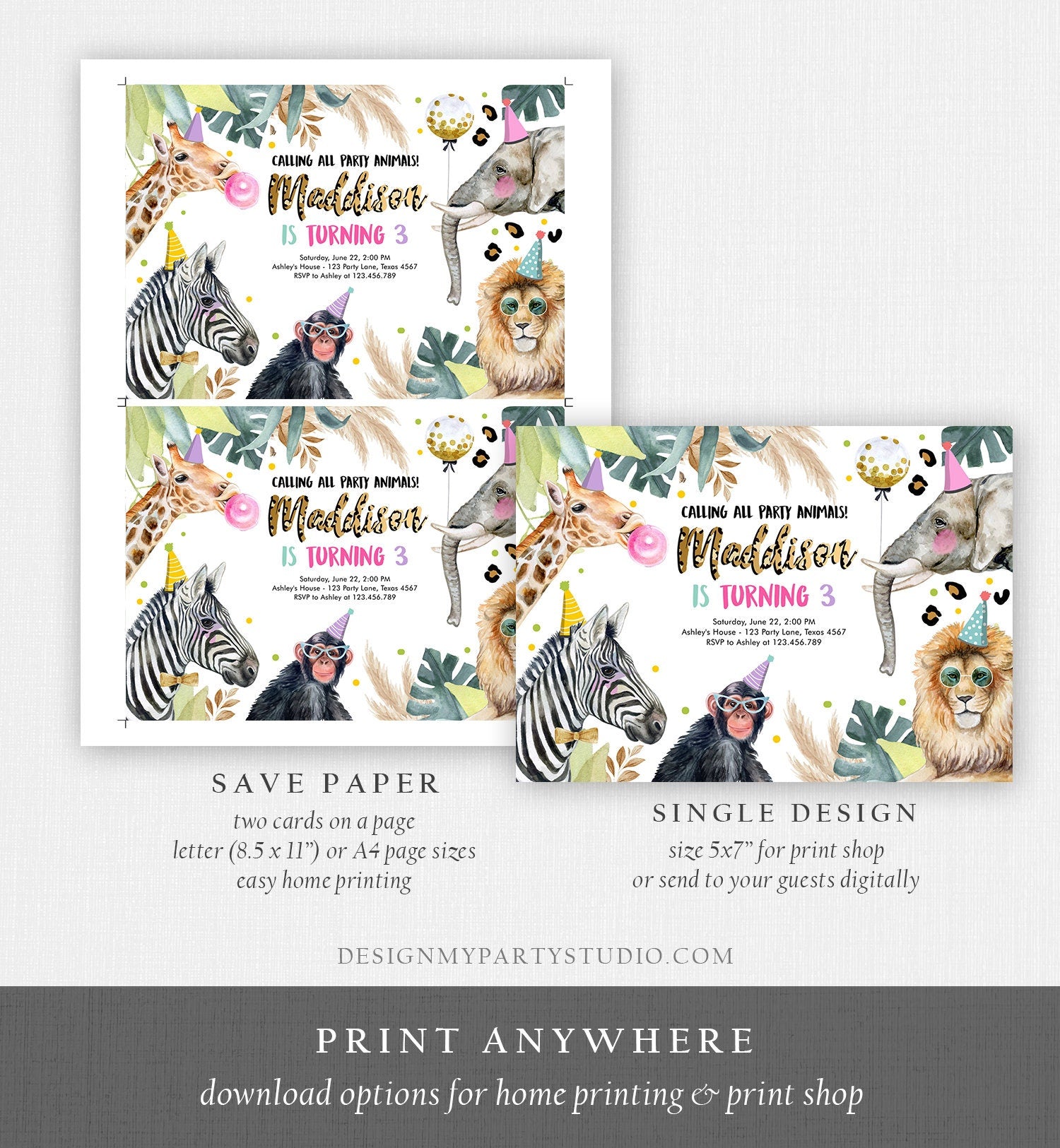 Editable Party Animals Birthday Invitation Leopard Print Safari Animals Zoo Birthday Party Girl Pink Download Printable Template Corjl 0417