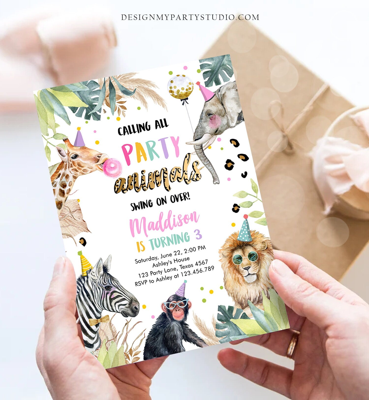 Editable Party Animals Birthday Invitation Leopard Print Safari Animals Zoo Birthday Party Girl Pink Download Printable Template Corjl 0417