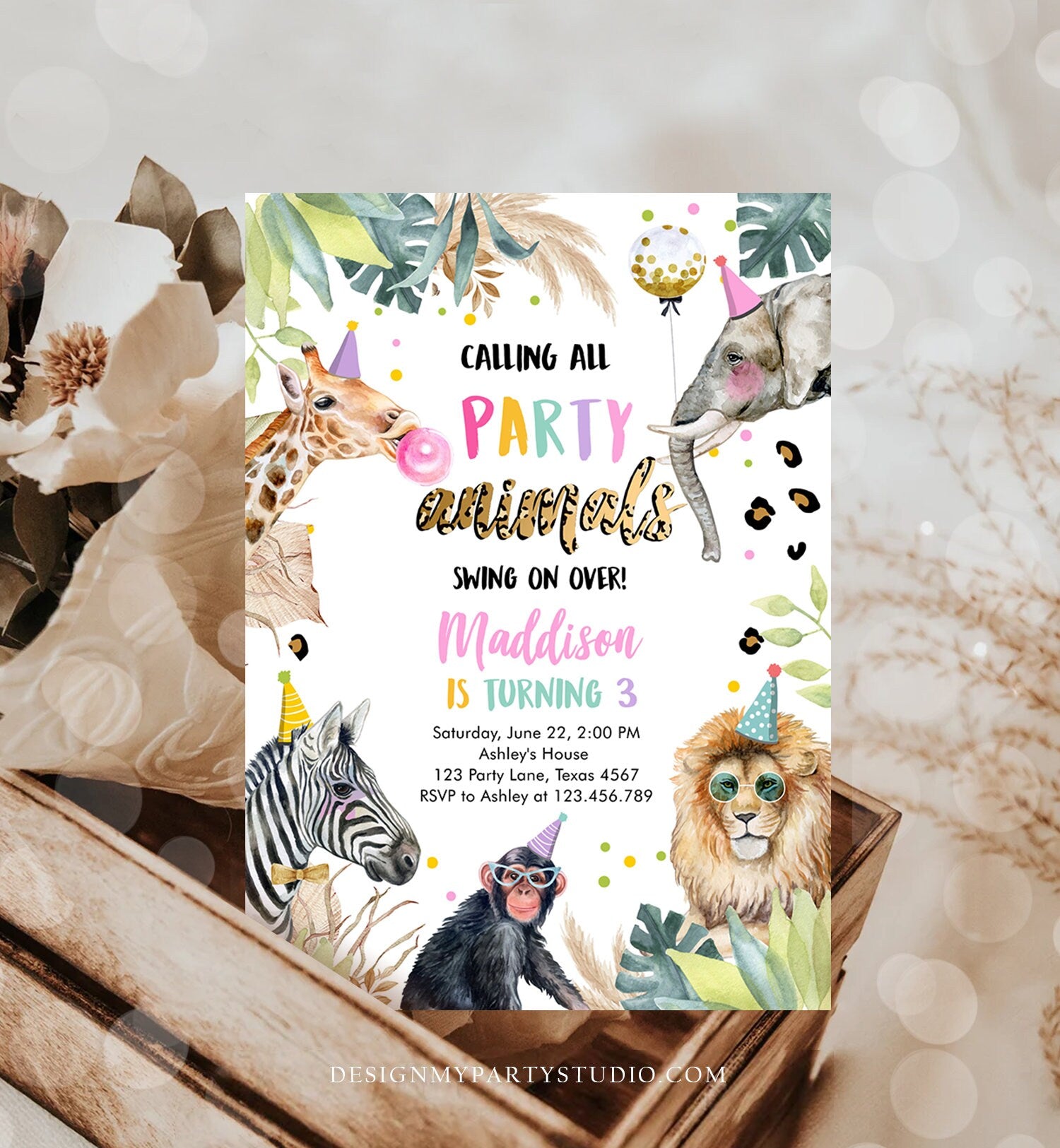 Editable Party Animals Birthday Invitation Leopard Print Safari Animals Zoo Birthday Party Girl Pink Download Printable Template Corjl 0417