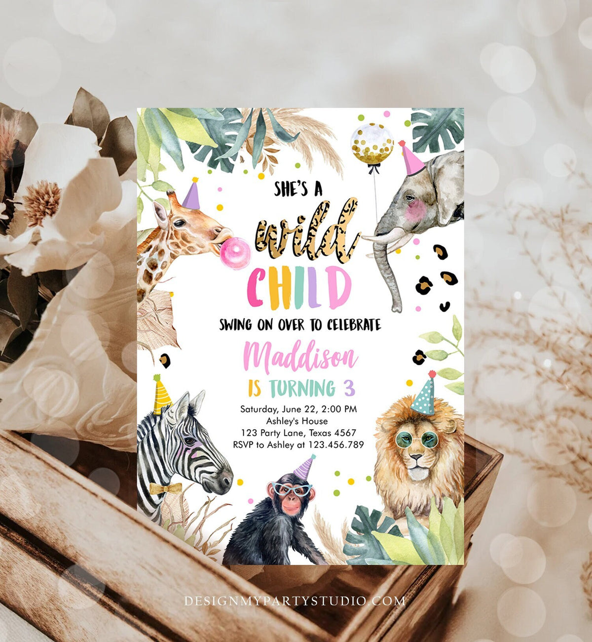 Editable Wild Child Birthday Invitation Leopard Print Safari Animals Birthday Party Animals Girl Digital Download Template Printable 0417