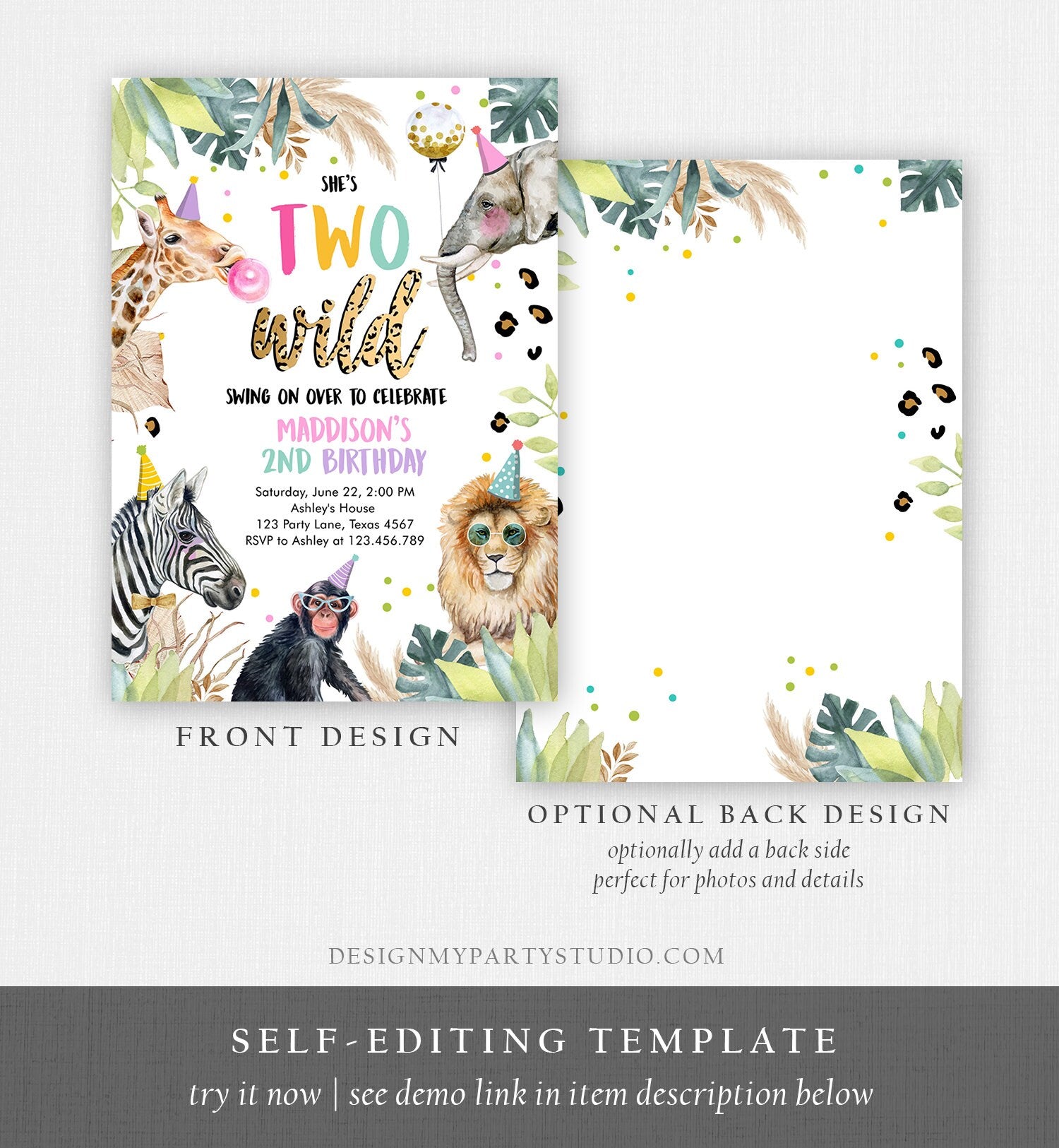 Editable Birthday Invitation Girl Two Wild Party Animals Invite Pink Gold Safari Zoo Birthday Download Printable Template Digital Corjl 0417