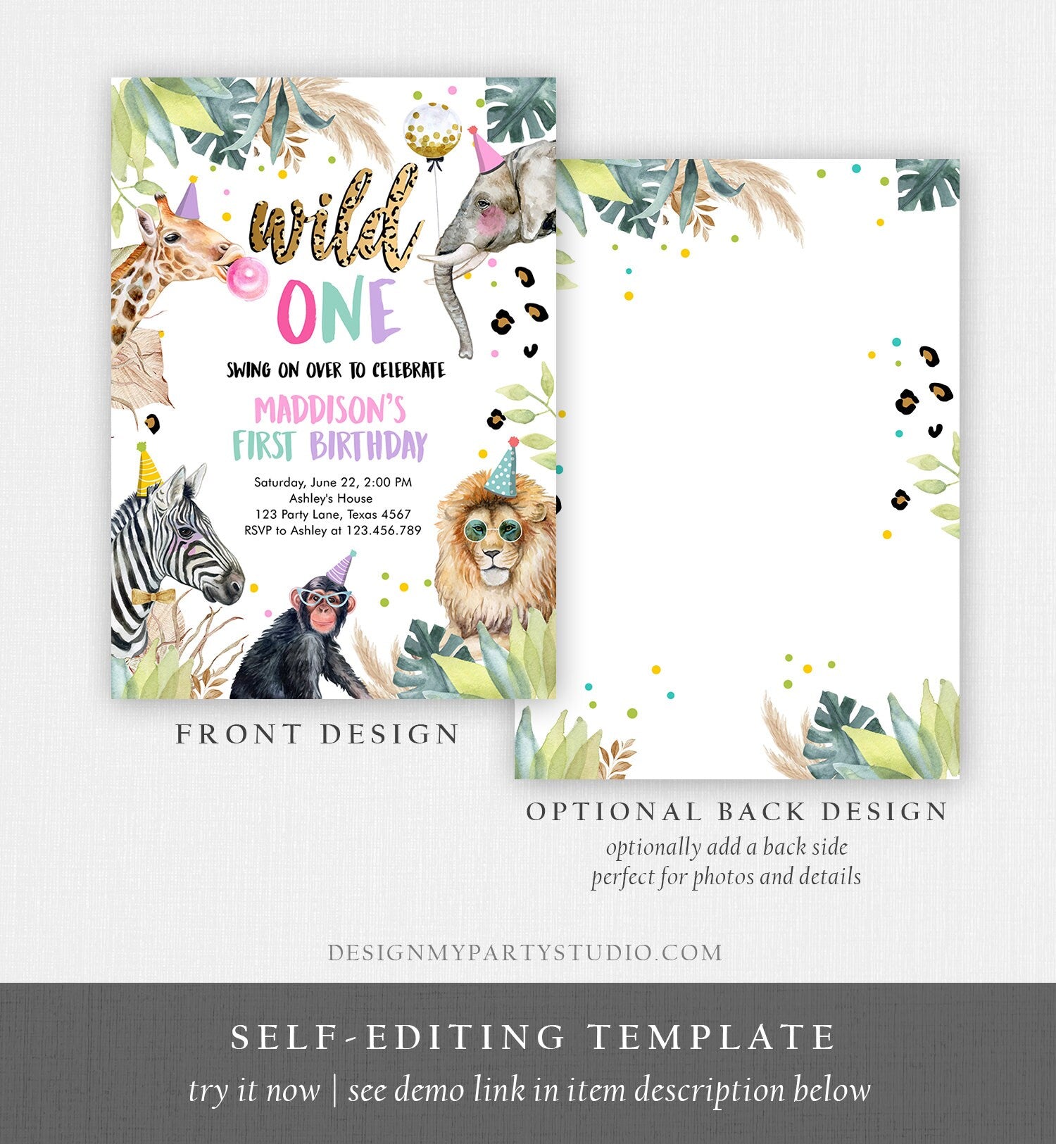 Editable Wild One Birthday Invitation Leopard Print Safari Animals Zoo 1st Birthday Party Animals Download Printable Template Corjl 0417