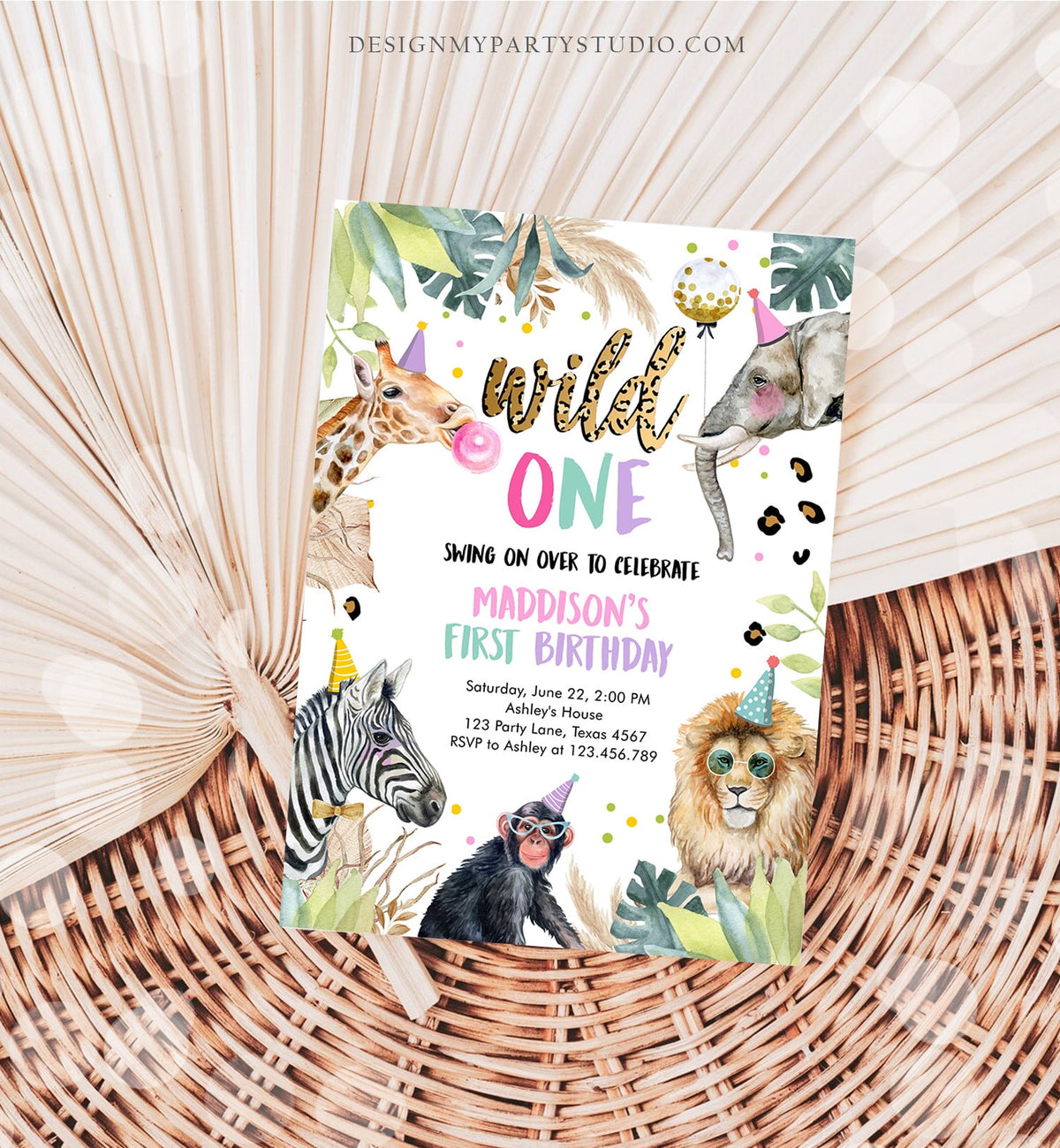 Editable Wild One Birthday Invitation Leopard Print Safari Animals Zoo 1st Birthday Party Animals Download Printable Template Corjl 0417