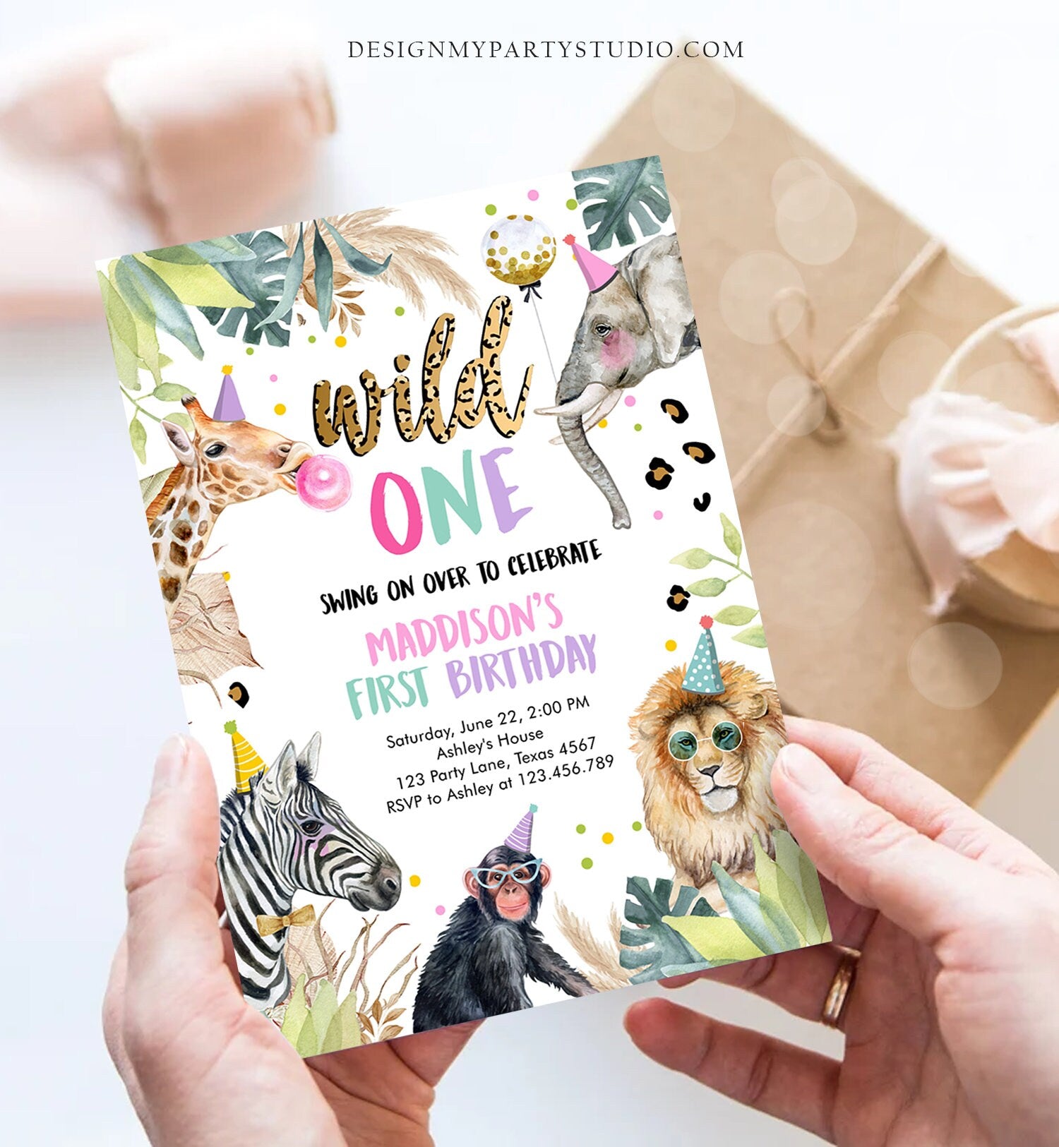 Editable Wild One Birthday Invitation Leopard Print Safari Animals Zoo 1st Birthday Party Animals Download Printable Template Corjl 0417