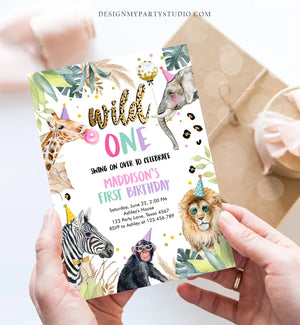 Editable Wild One Birthday Invitation Leopard Print Safari Animals Zoo 1st Birthday Party Animals Download Printable Template Corjl 0417