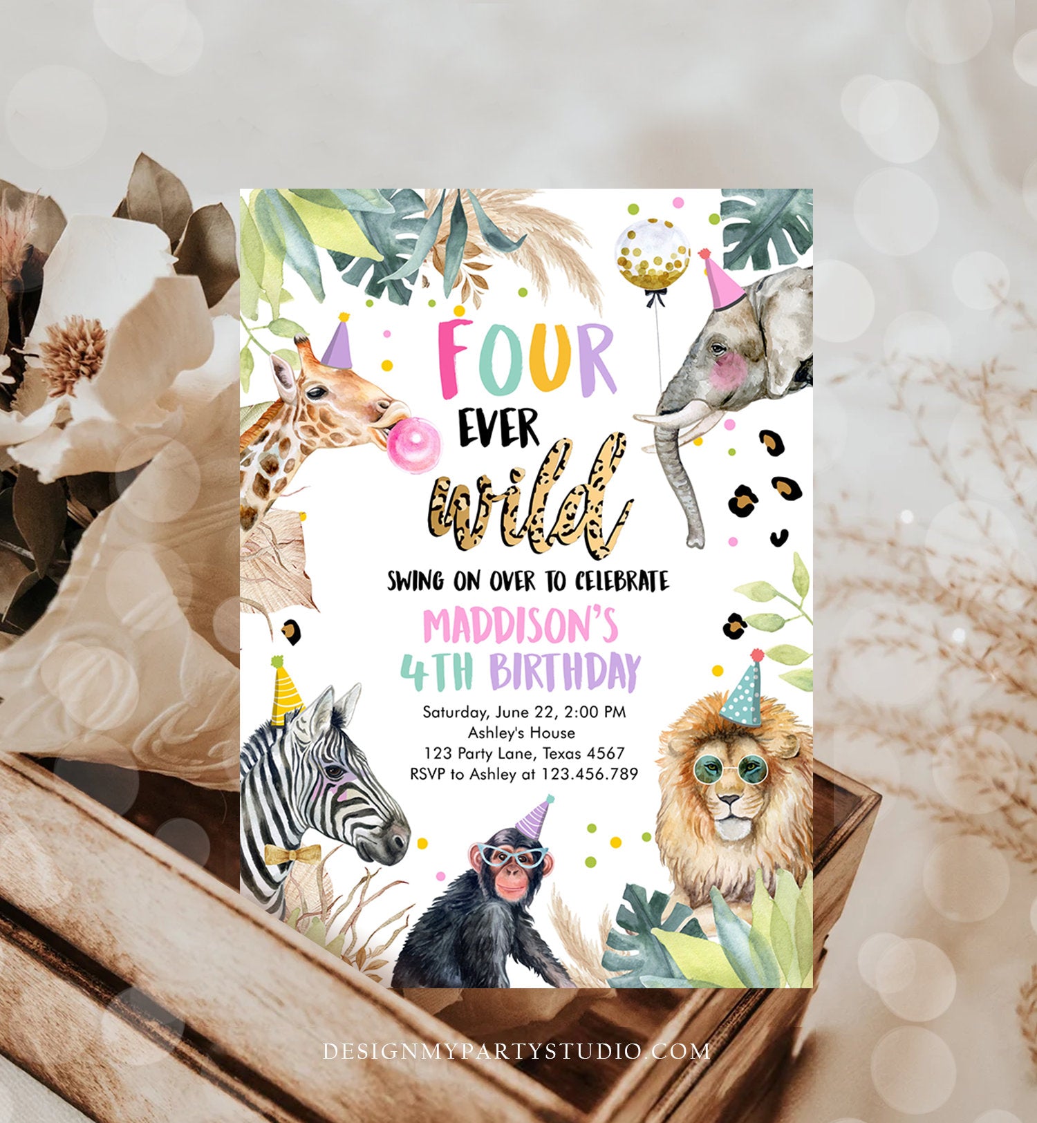 Editable Four Ever Wild Birthday Invitation Leopard Safari Animals Zoo 4th Birthday Party Animals Download Printable Template Corjl 0417