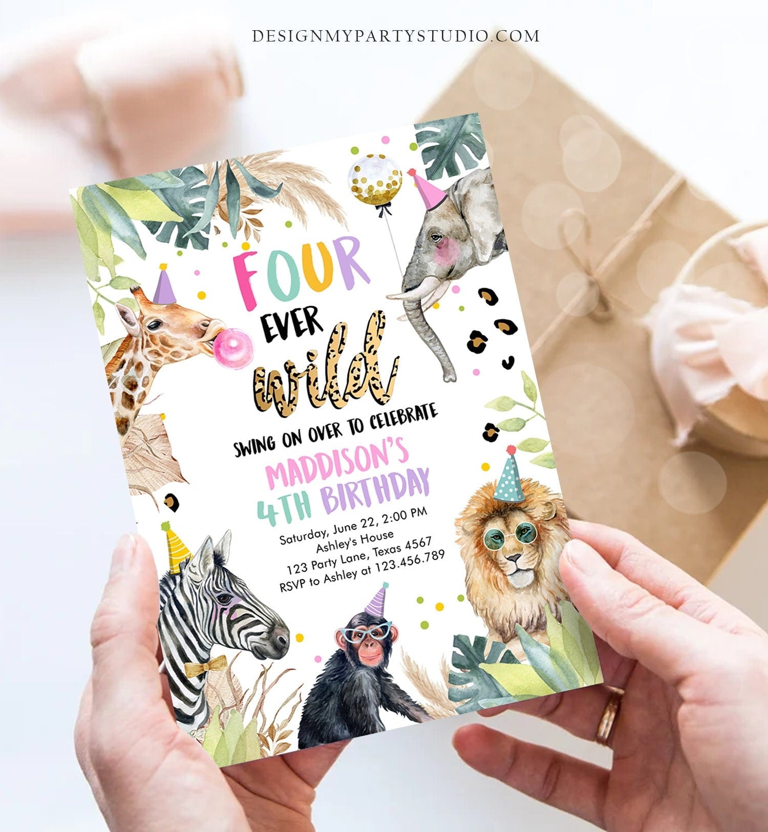 Editable Four Ever Wild Birthday Invitation Leopard Safari Animals Zoo 4th Birthday Party Animals Download Printable Template Corjl 0417