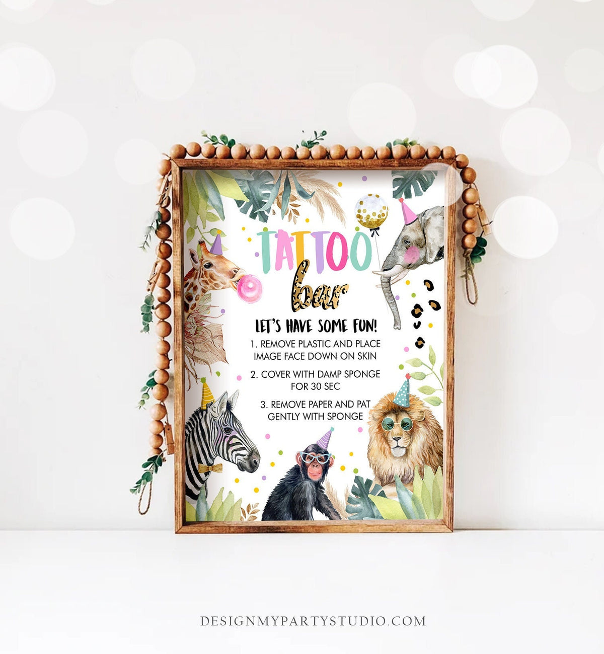 Tattoo Bar Sign Party Animals Birthday Sign Safari Animals Decor Safari Birthday Wild One Animals Table Sign Zoo Party Jungle Printable 0417