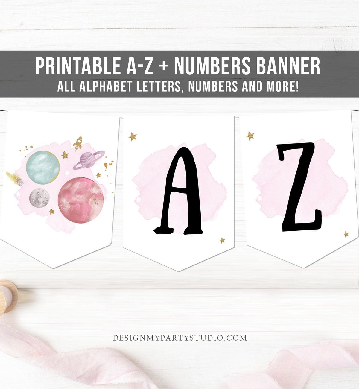 Space Alphabet Banner Letters A to Z Numbers Space Birthday Banner Girl Pink Galaxy Party Decor Baby Shower Digital Download Printable 0357