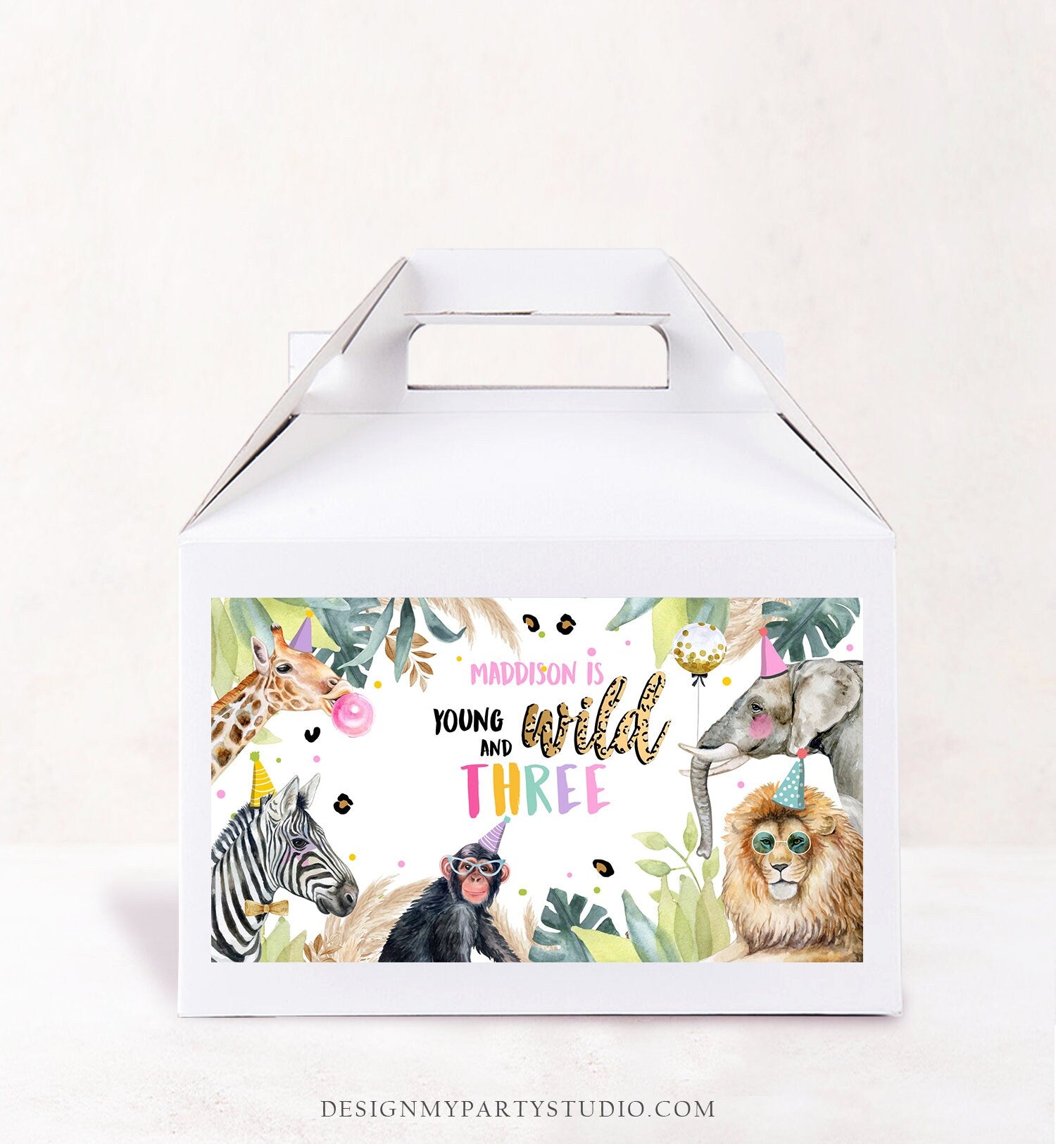 Editable Party Animals Gable Safari Animals 3rd Birthday Gift Box Labels Zoo Party Jungle Young Wild and Three Download Printable Corjl 0417