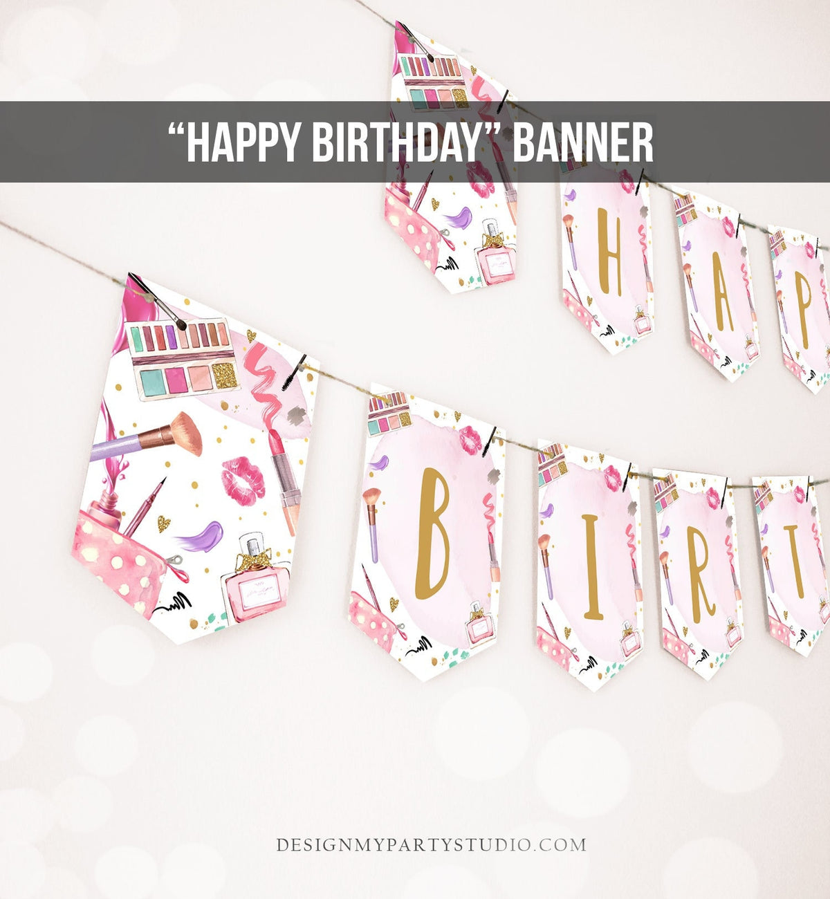 Spa Party Happy Birthday Banner Spa Glitters and Glamour Birthday Girl Pink Makeup Decoration Instant Download PRINTABLE DIGITAL DIY 0420