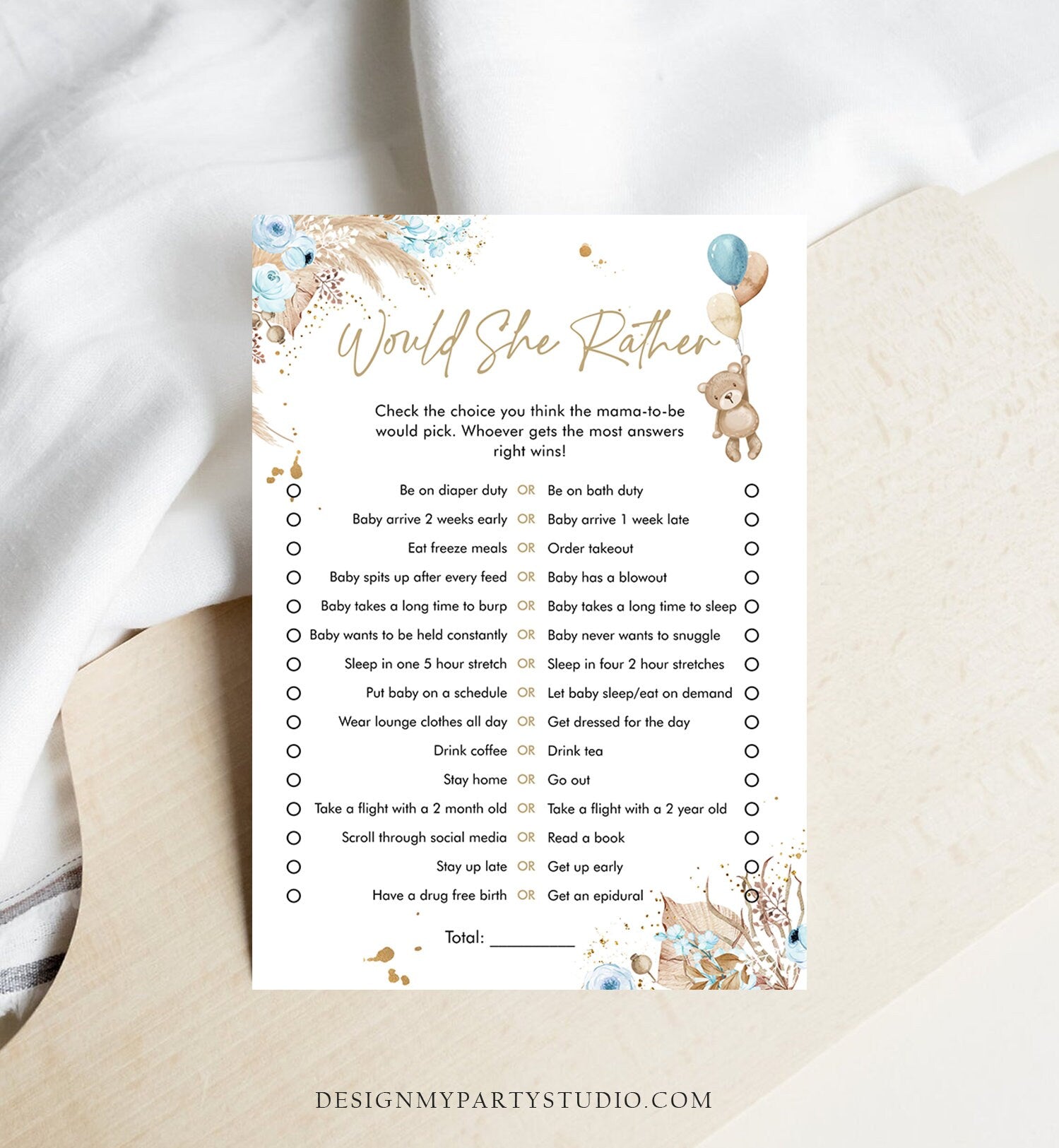 Editable Would She Rather Baby Shower Game Teddy Bear Baby Shower Boho Boy Bearly Wait Pampas Grass Guess Corjl Template Printable 0421