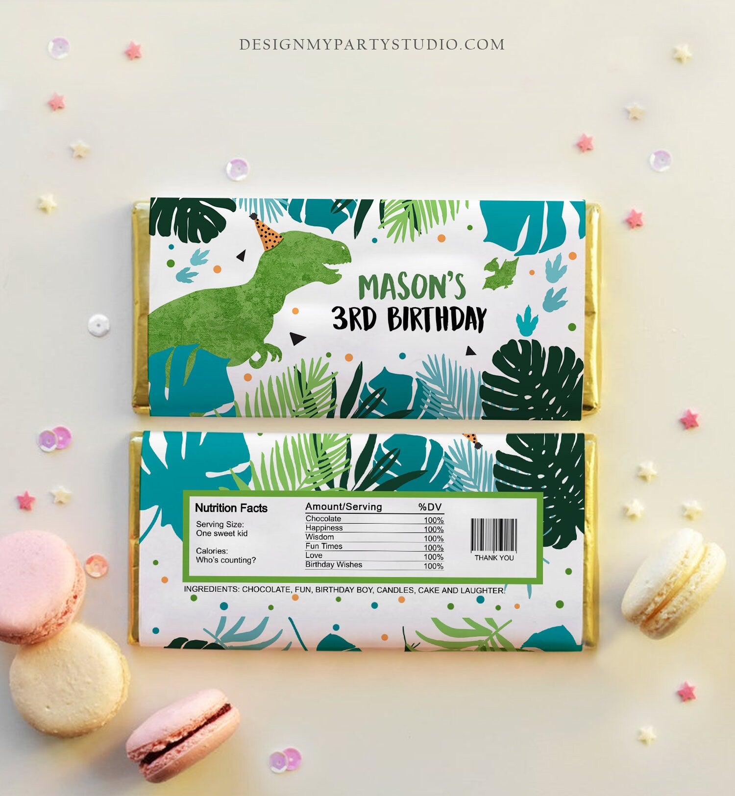 Editable Dinosaur Chocolate Bar Labels Candy Bar Wrapper Three Rex Birthday Blue Green T-Rex Dino Download Corjl Template Printable 0389