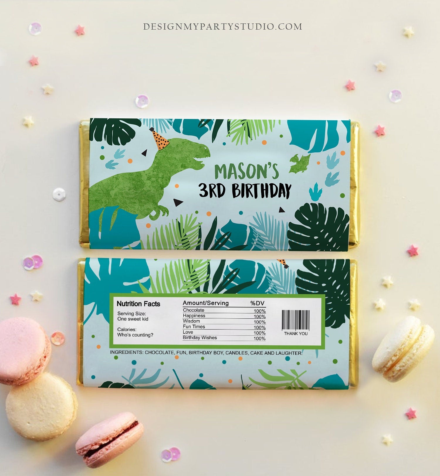 Editable Dinosaur Chocolate Bar Labels Candy Bar Wrapper Three Rex Birthday Blue Green T-Rex Dino Download Corjl Template Printable 0389