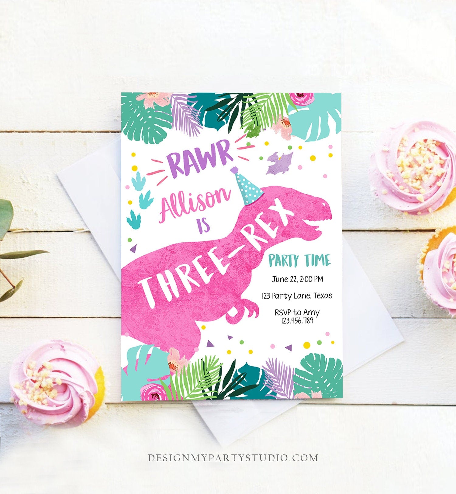 Editable Three-Rex Dinosaur Birthday Invitation Dino T-Rex Third Birthday 3rd Rawr Girl Pink Dino Prehistoric Printable Corjl Template 0423