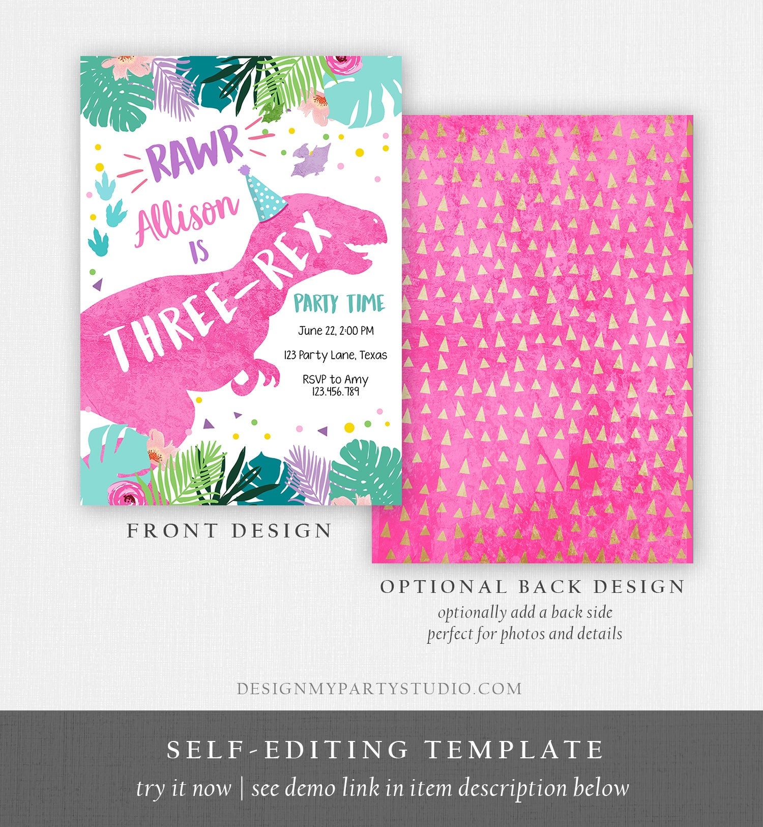 Editable Three-Rex Dinosaur Birthday Invitation Dino T-Rex Third Birthday 3rd Rawr Girl Pink Dino Prehistoric Printable Corjl Template 0423