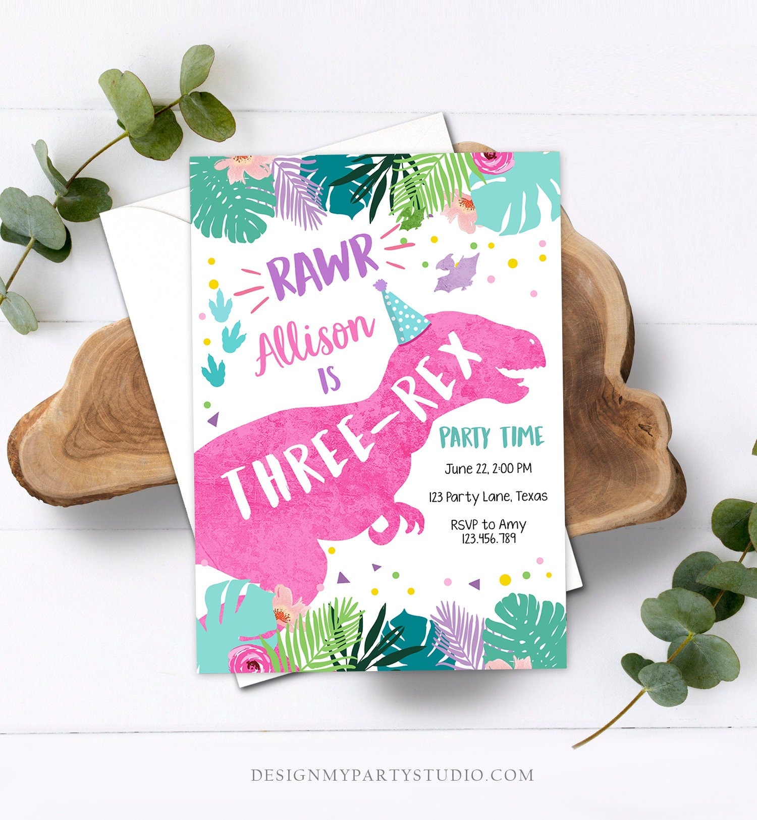 Editable Three-Rex Dinosaur Birthday Invitation Dino T-Rex Third Birthday 3rd Rawr Girl Pink Dino Prehistoric Printable Corjl Template 0423