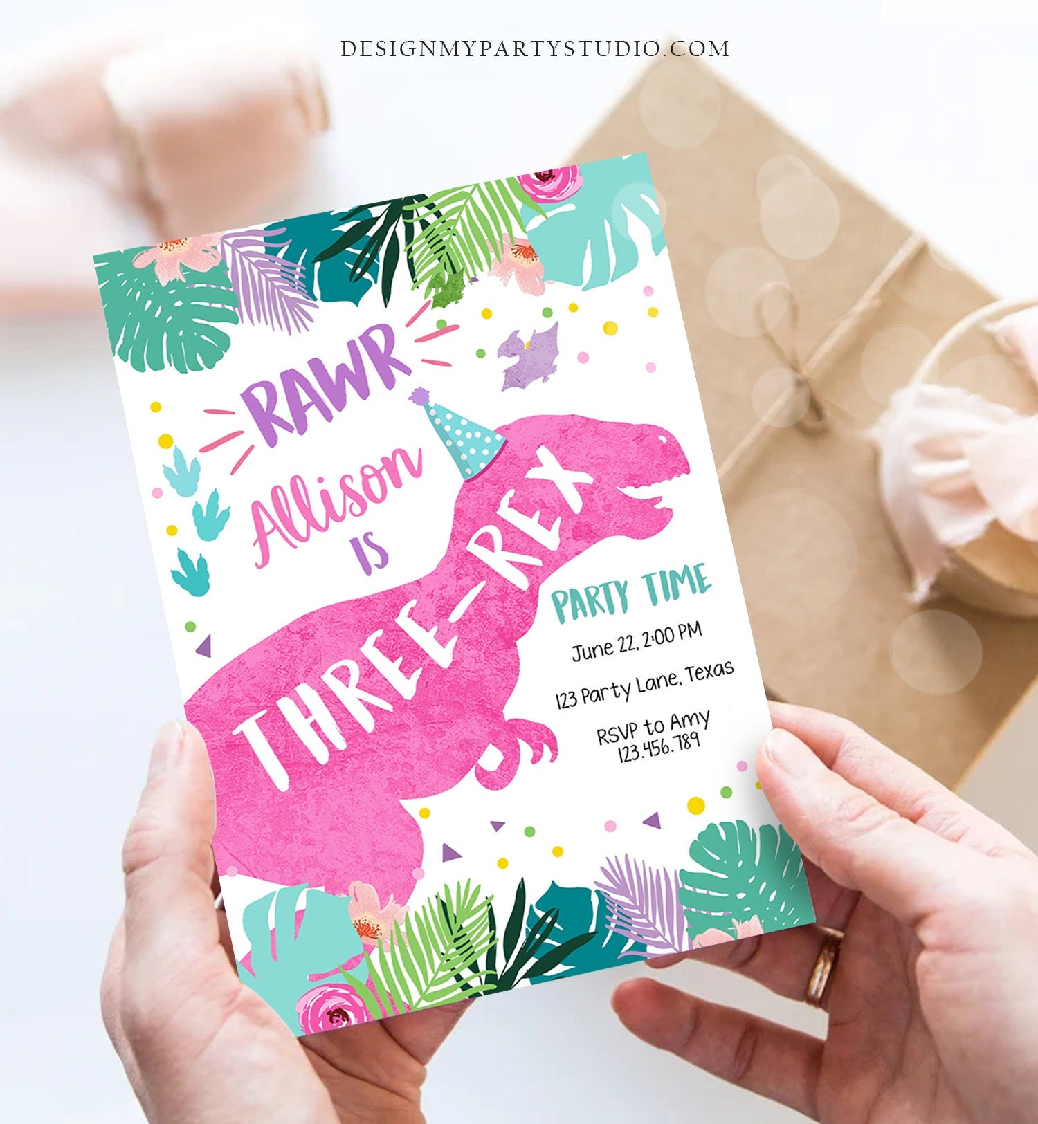 Editable Three-Rex Dinosaur Birthday Invitation Dino T-Rex Third Birthday 3rd Rawr Girl Pink Dino Prehistoric Printable Corjl Template 0423