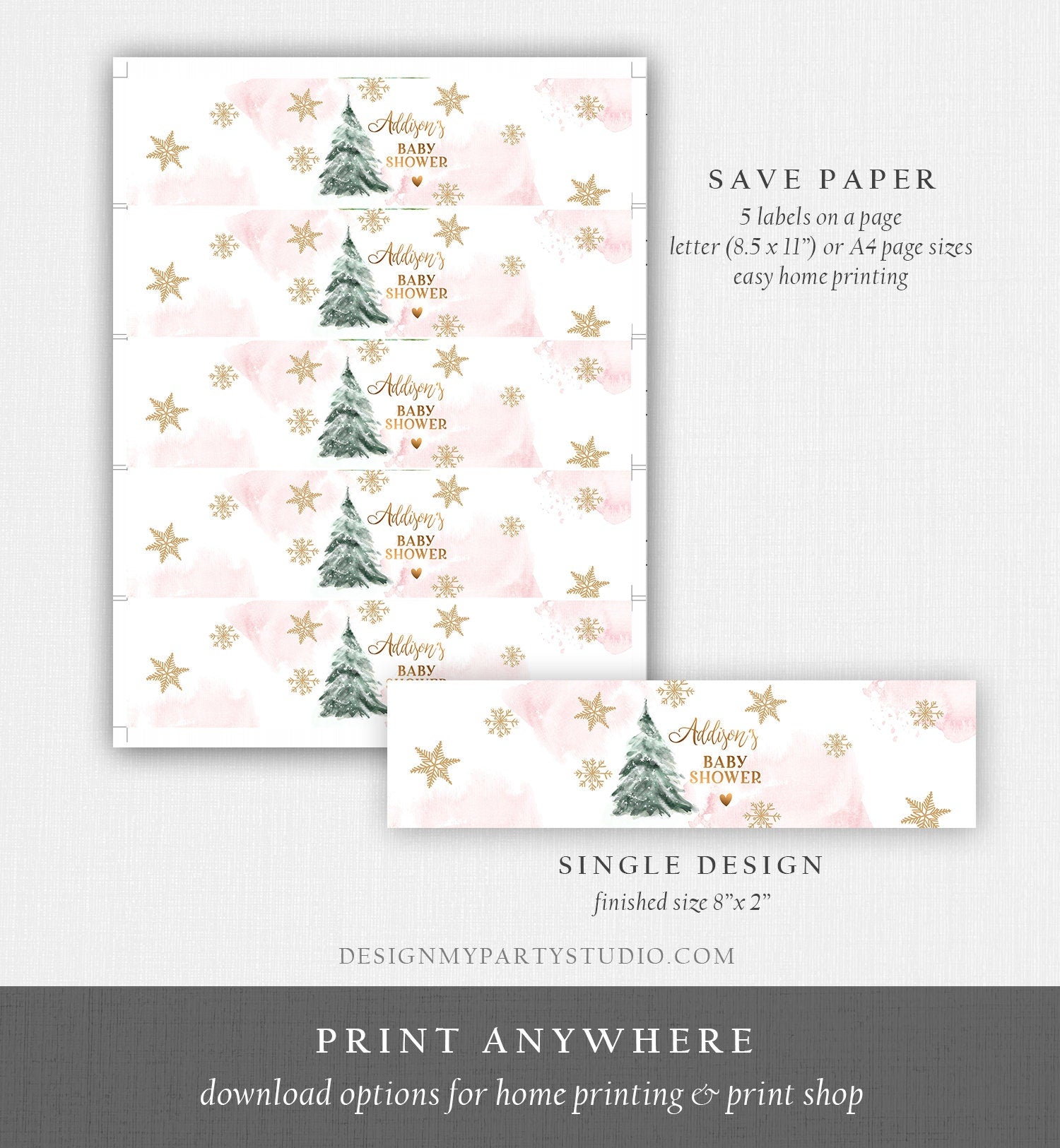 Editable Winter Baby Shower Water Bottle Labels Baby It's Cold Outside Girl Pink Gold Christmas Tree Download Printable Template Corjl 0363