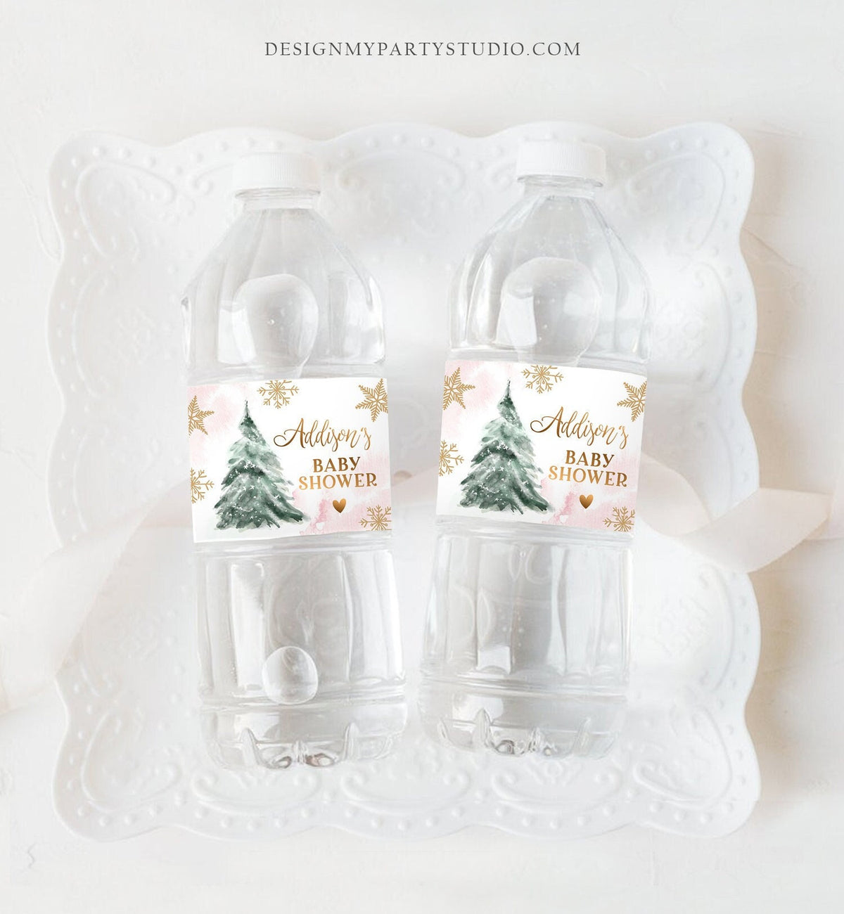 Editable Winter Baby Shower Water Bottle Labels Baby It&#39;s Cold Outside Girl Pink Gold Christmas Tree Download Printable Template Corjl 0363