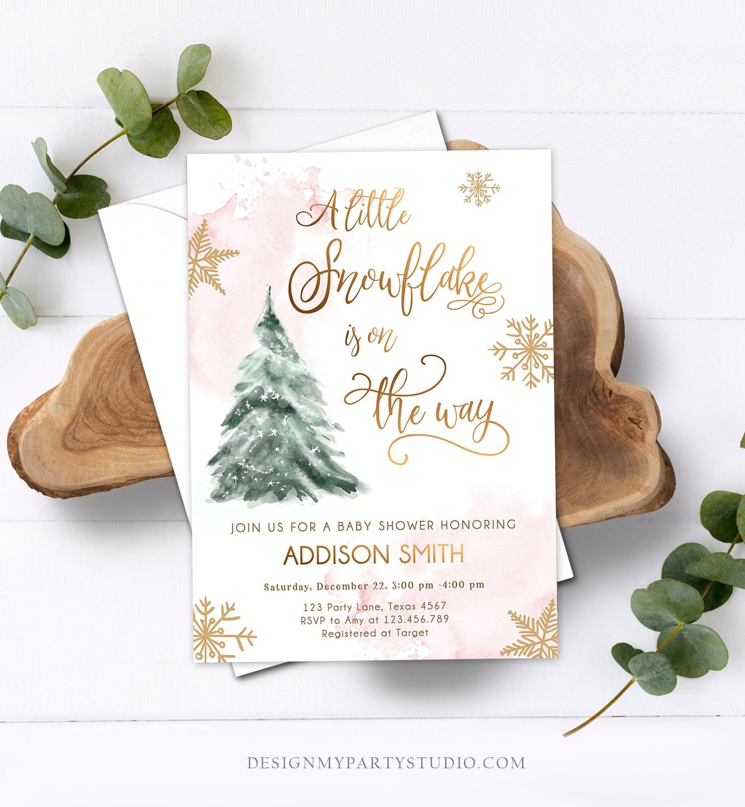 Editable A Little Snowflake is on the Way Baby Shower Invitation Winter Girl Blush Pink Snow Watercolor Tree Download Corjl Template 0363