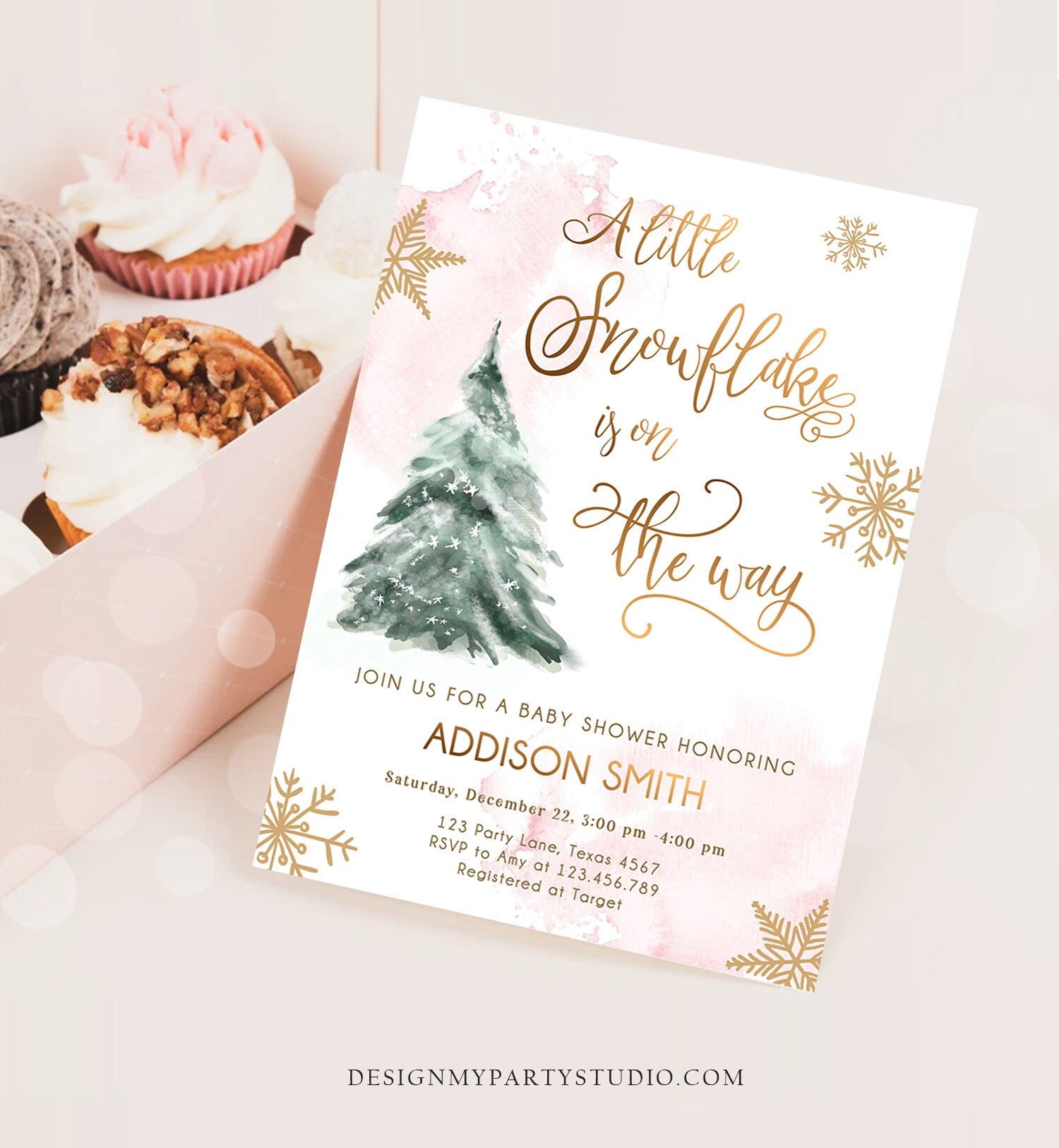 Editable A Little Snowflake is on the Way Baby Shower Invitation Winter Girl Blush Pink Snow Watercolor Tree Download Corjl Template 0363