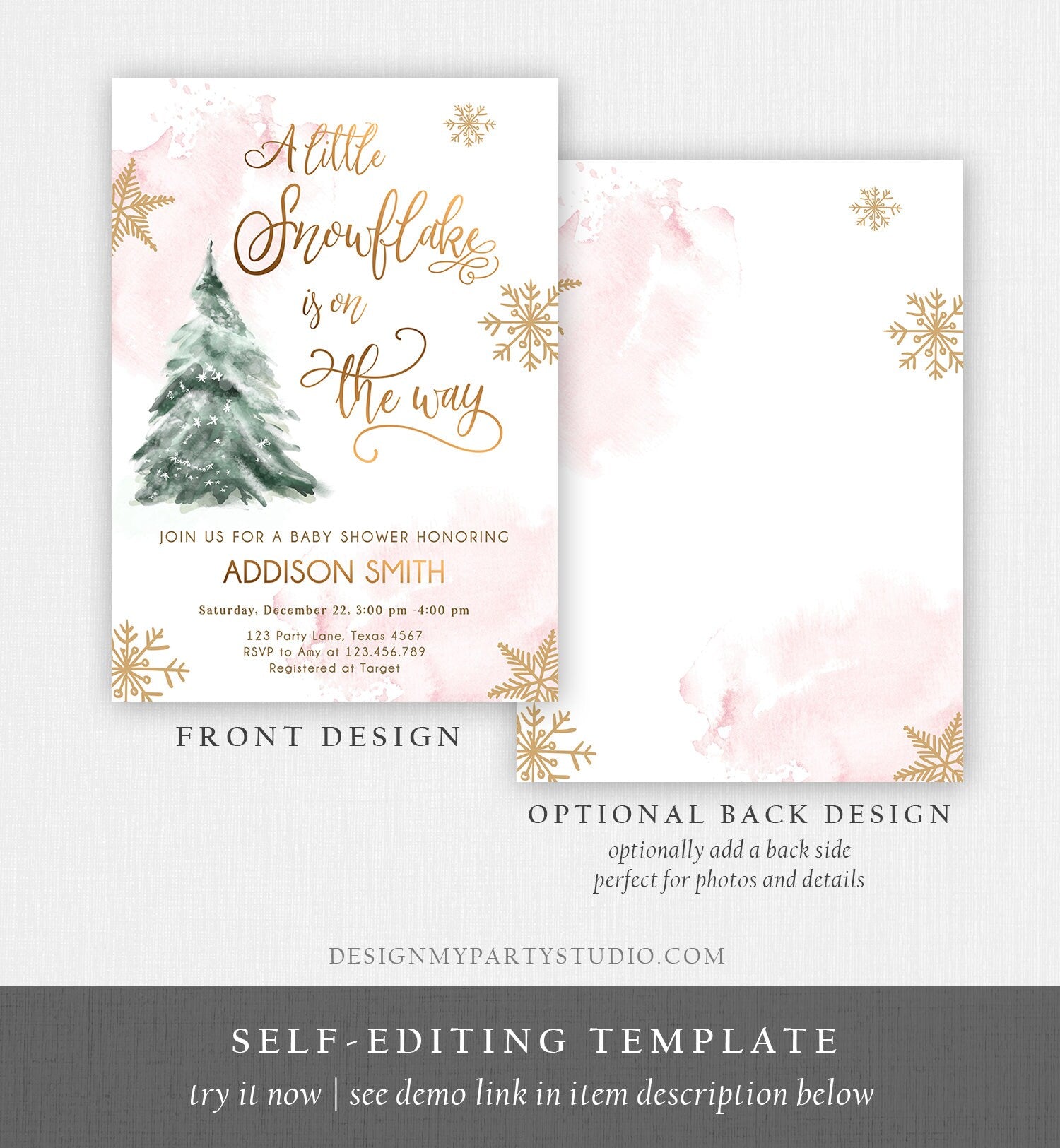 Editable A Little Snowflake is on the Way Baby Shower Invitation Winter Girl Blush Pink Snow Watercolor Tree Download Corjl Template 0363