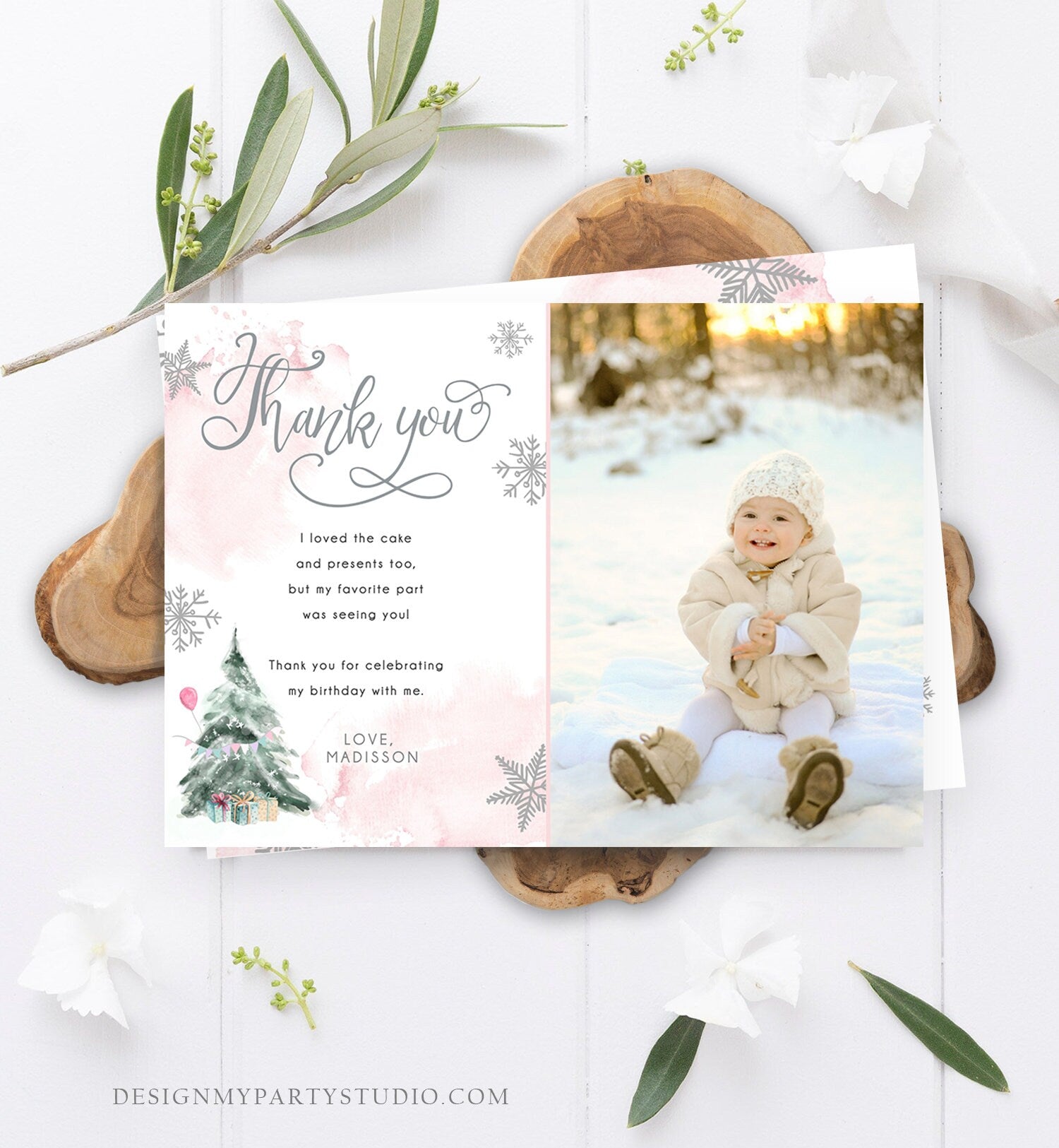 Editable Winter Tree Thank You Card Watercolor Birthday Winter Onederland Pink Girl Christmas Snow Snowflake Template Download Corjl 0363