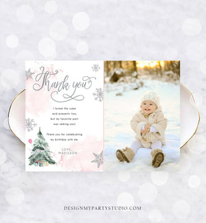 Editable Winter Tree Thank You Card Watercolor Birthday Winter Onederland Pink Girl Christmas Snow Snowflake Template Download Corjl 0363