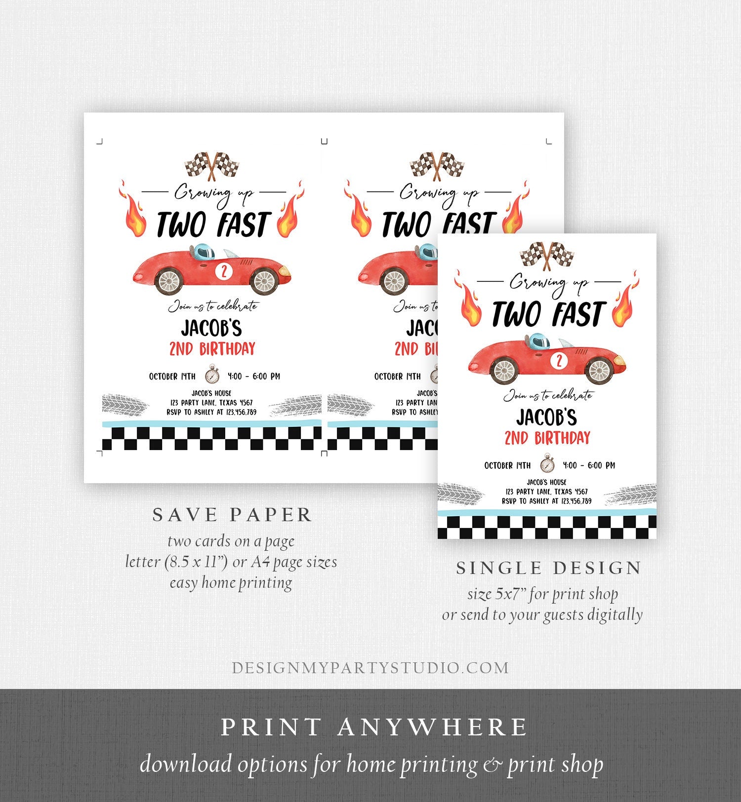 Editable Racing Car Birthday Invitation Growing Up Two Fast Invite Second Birthday 2nd Boy Download Printable Template Digital Corjl 0424