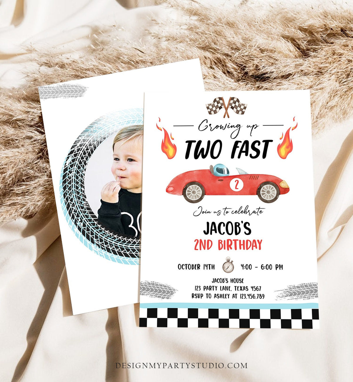 Editable Racing Car Birthday Invitation Growing Up Two Fast Invite Second Birthday 2nd Boy Download Printable Template Digital Corjl 0424