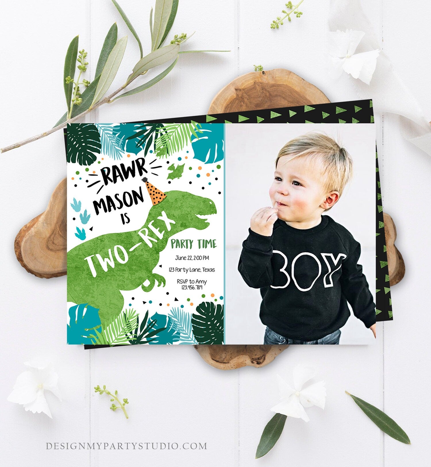 Editable Two-Rex Dinosaur Birthday Invitation Dino T-Rex Second Birthday 2nd RAWR Boy Green Blue Prehistoric Printable Corjl Template 0389